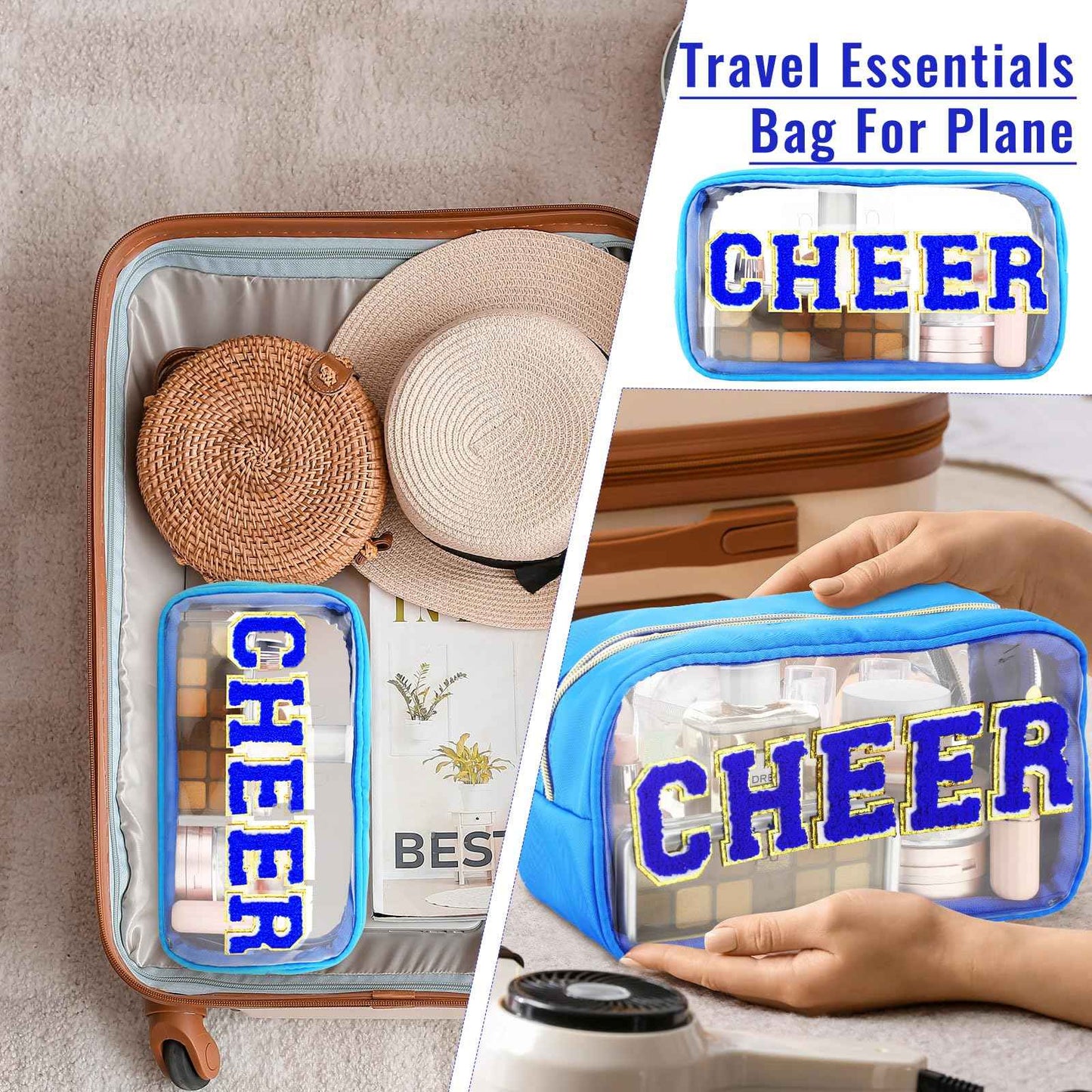 Abbylike Cheer Clear Makeup Letter Bag Cosmetic Zipper Cheers Pouch Chenille Patch Cheerleader Gifts Preppy Cheer Nylon Handmade Toiletry Bags for Women Girls Gifts (1, Blue)