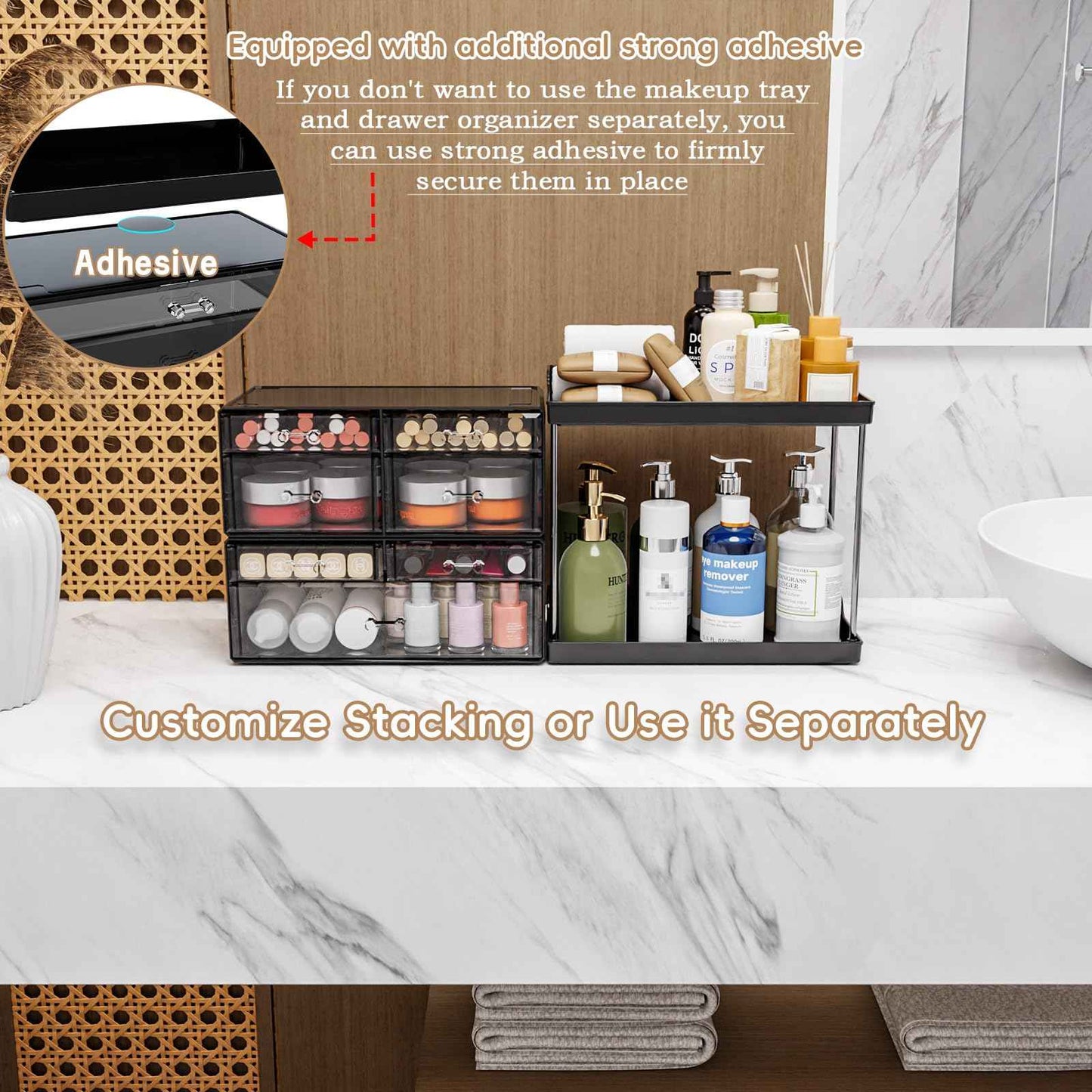 3 Pack Bathroom Organizers and Storage Countertop With 7 Drawers,Stackable Vanity Drawer Organizer for Makeup,18.9" Tall Large Capacity Skincare Organizer and Exquisite Makeup Organizer,Black