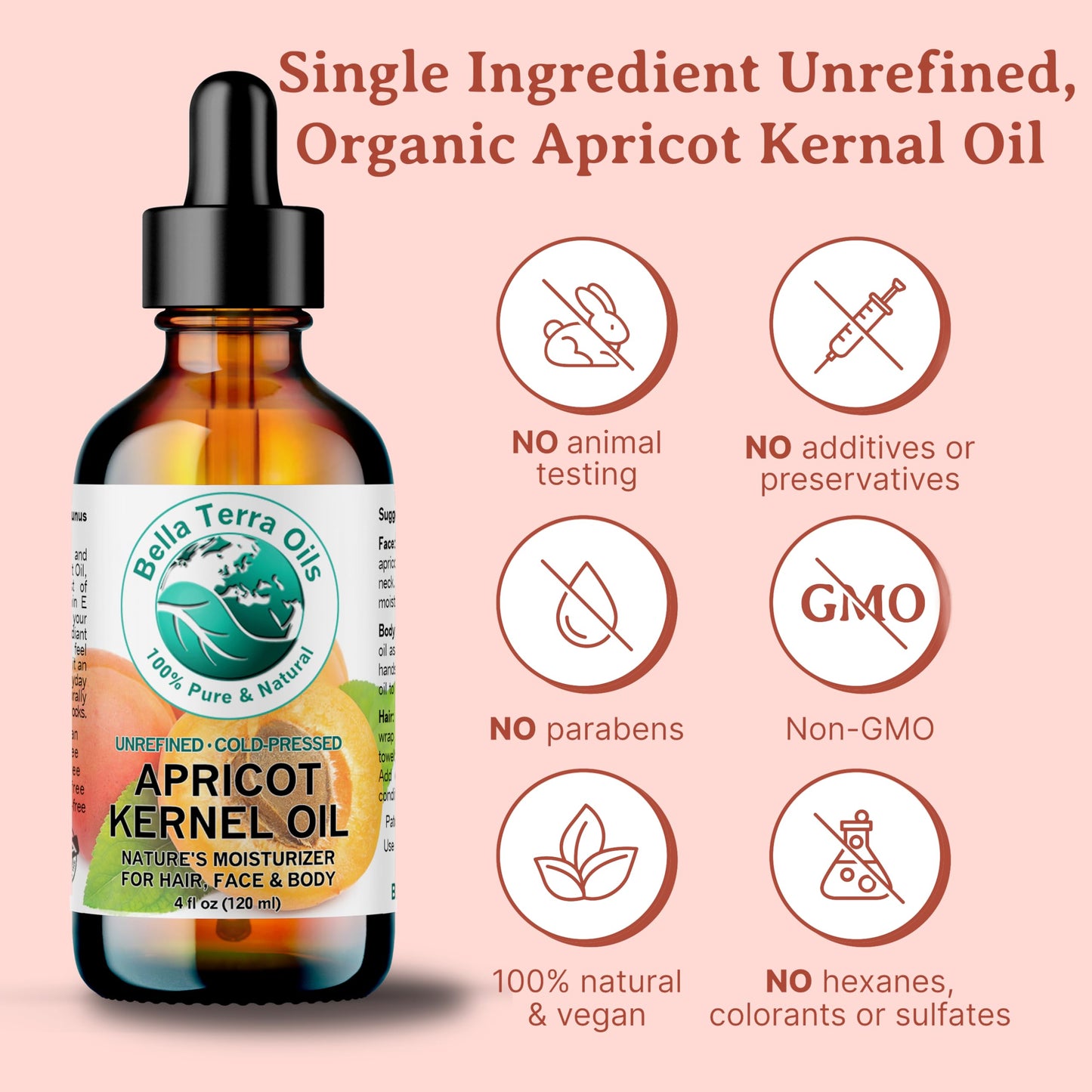 Bella Terra Oils - Organic Apricot Seed Oil 8 oz - Embrace the Bitter Organic Apricot Kernels Richness, Vitamin-Enriched, Perfect for Soothing & Moisturizing Skin