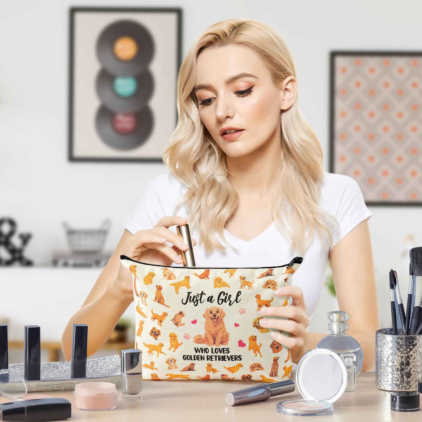 JAPBOR Makeup Bag for Dog Lovers - Golden Retriever Dog Themed Cosmetic Bags and Keychain Gifts Set, Cute Puppy Organizer Makeup Pouch, Animal Travel Zipper Toiletry for Owner Women Girl Traveling