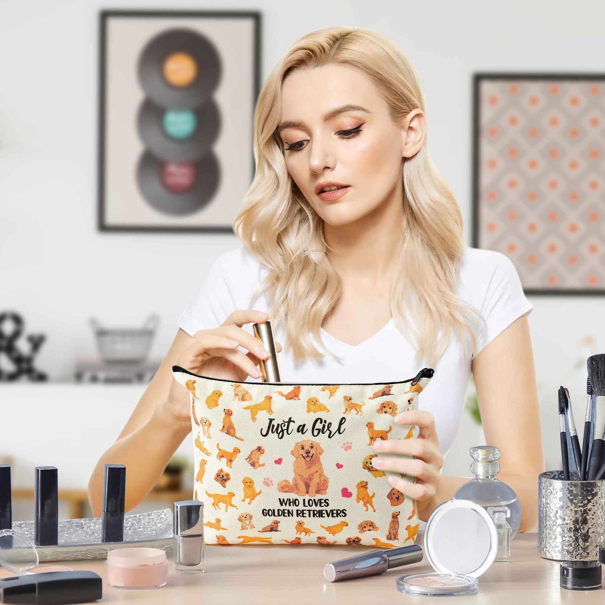 JAPBOR Makeup Bag for Dog Lovers - Golden Retriever Dog Themed Cosmetic Bags and Keychain Gifts Set, Cute Puppy Organizer Makeup Pouch, Animal Travel Zipper Toiletry for Owner Women Girl Traveling