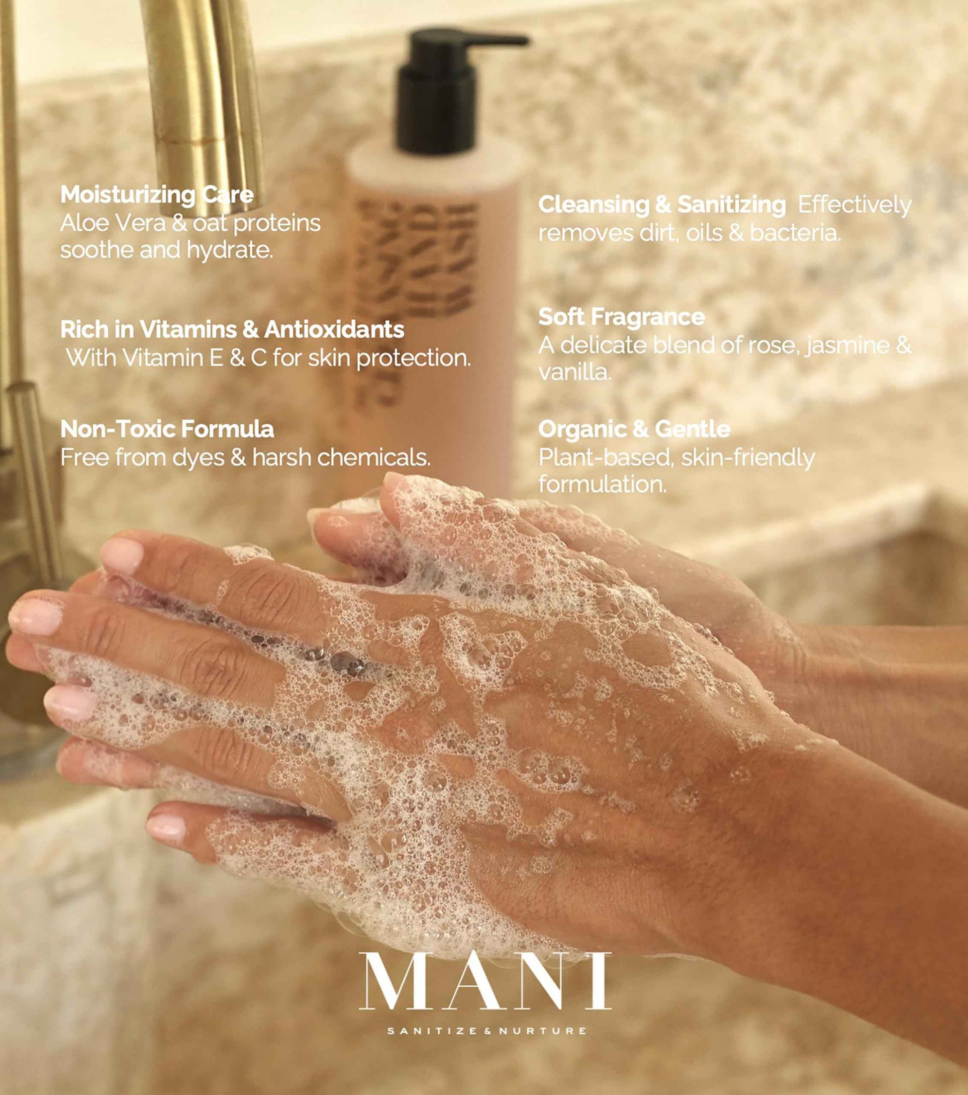 Mani Soothing and Cleansing Hand Wash - Vitamin C and E Organic Hand Soap - Oat Proteins and Aloe Vera Moisturize Skin - 13.5 oz