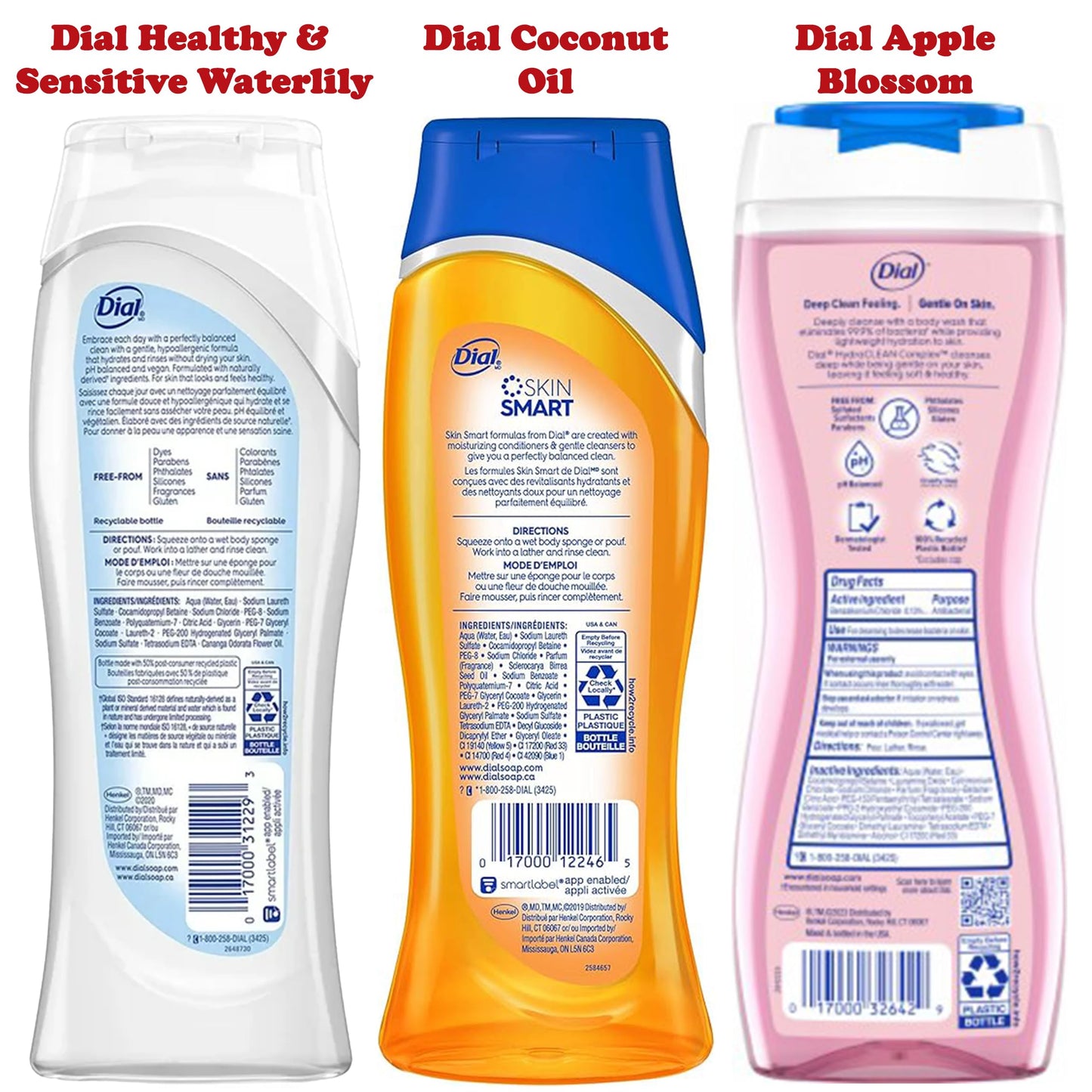 Dial Body Wash Variety Set of 3, Waterlily, Apple Blossom, and Coconut Oil Scents, 16 Oz Each Plus Bonus Party-pom Pouf