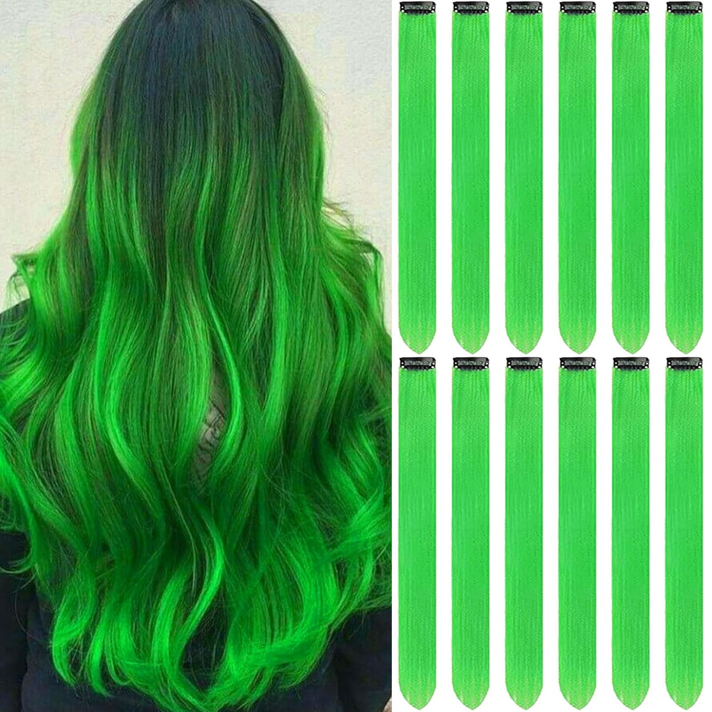 Olldag 12 PCS Green Hair Extensions Clip in, 22 Inch Colored Hair Extensions St. Patrick's Day Party Highlights Long Straight Synthetic Hairpieces for Women Kids Girls Halloween Christmas Cosplay