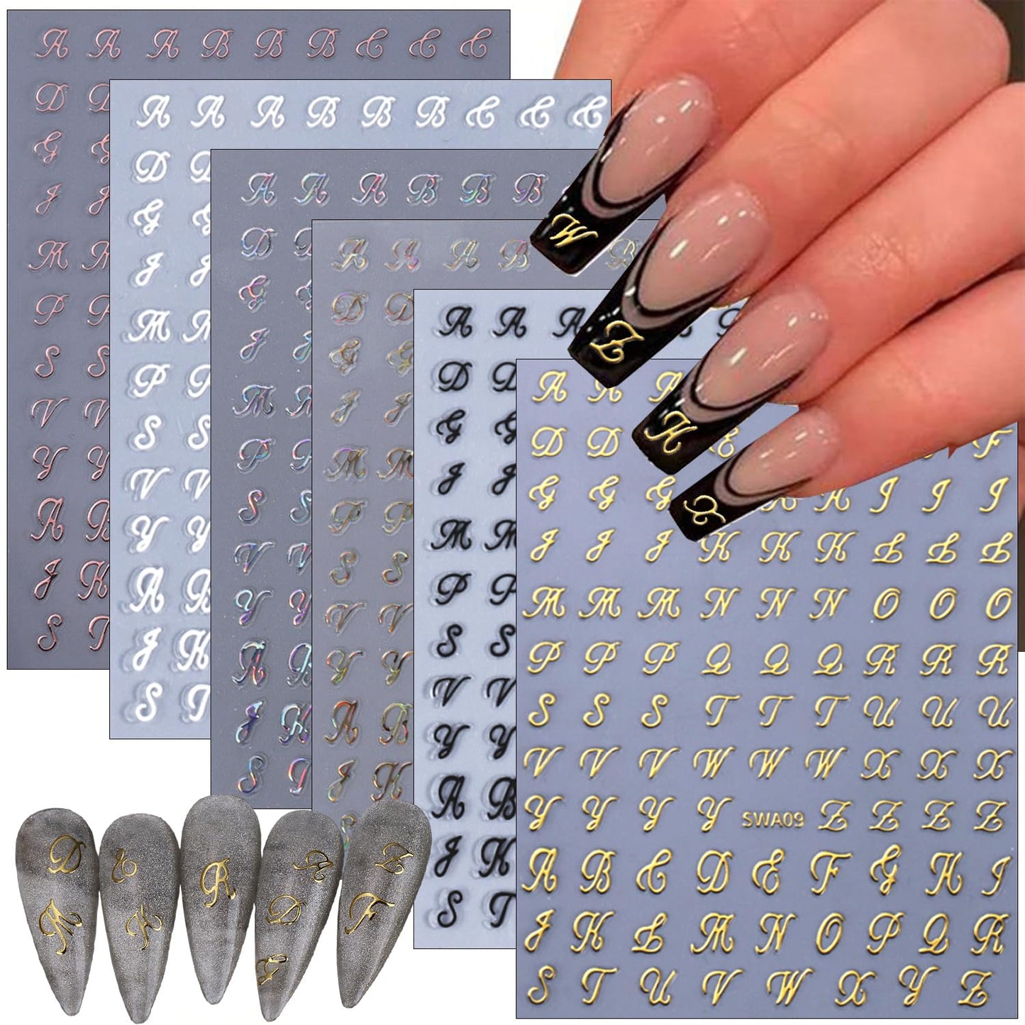 6 Sheets English Letters Nail Stickers for Nail Art Supplies 3D Self-Adhesive Gold White Laser Black Retro Letters Design Nail Art Stickers Alphabet Nail Decals for Women Nail Decoration Kit