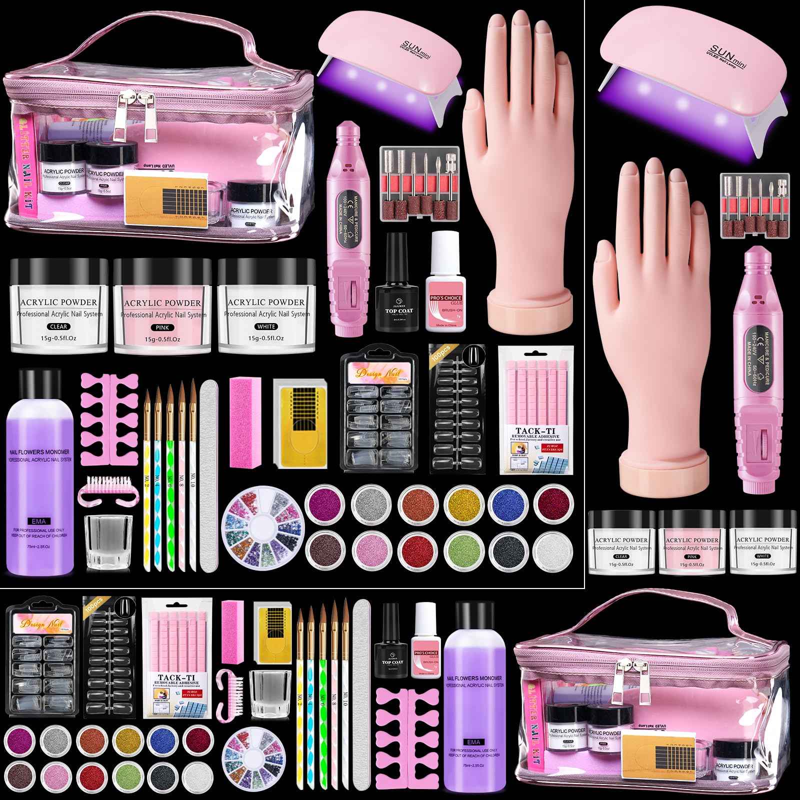 Nail Kit for Beginners with Everything: Practice Hand Acrylic Nail Set Professional Powder Drill Liquid Starter Kits with U V Lamp in Cosmetic Gift Bag for Women Salon Home (Pink)