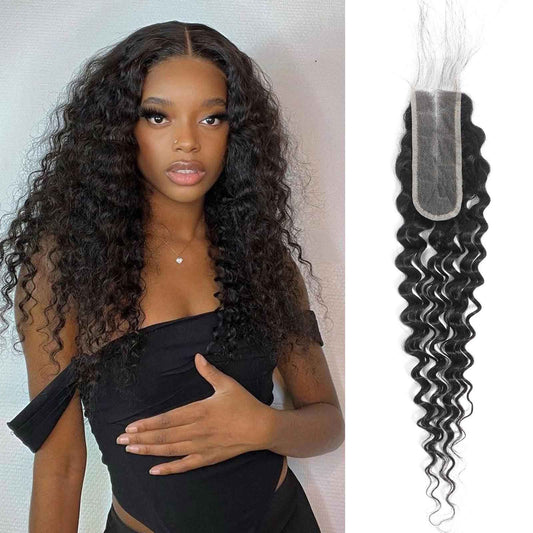 DSEKCAIN 2x6 HD Lace Closure Deep Wave Human Hair Deep Curly Transparent Lace Closure 2x6 Long Middle Part 100% Raw Virgin Human Hair Natural Black 1B Color 14 Inch 150% Density