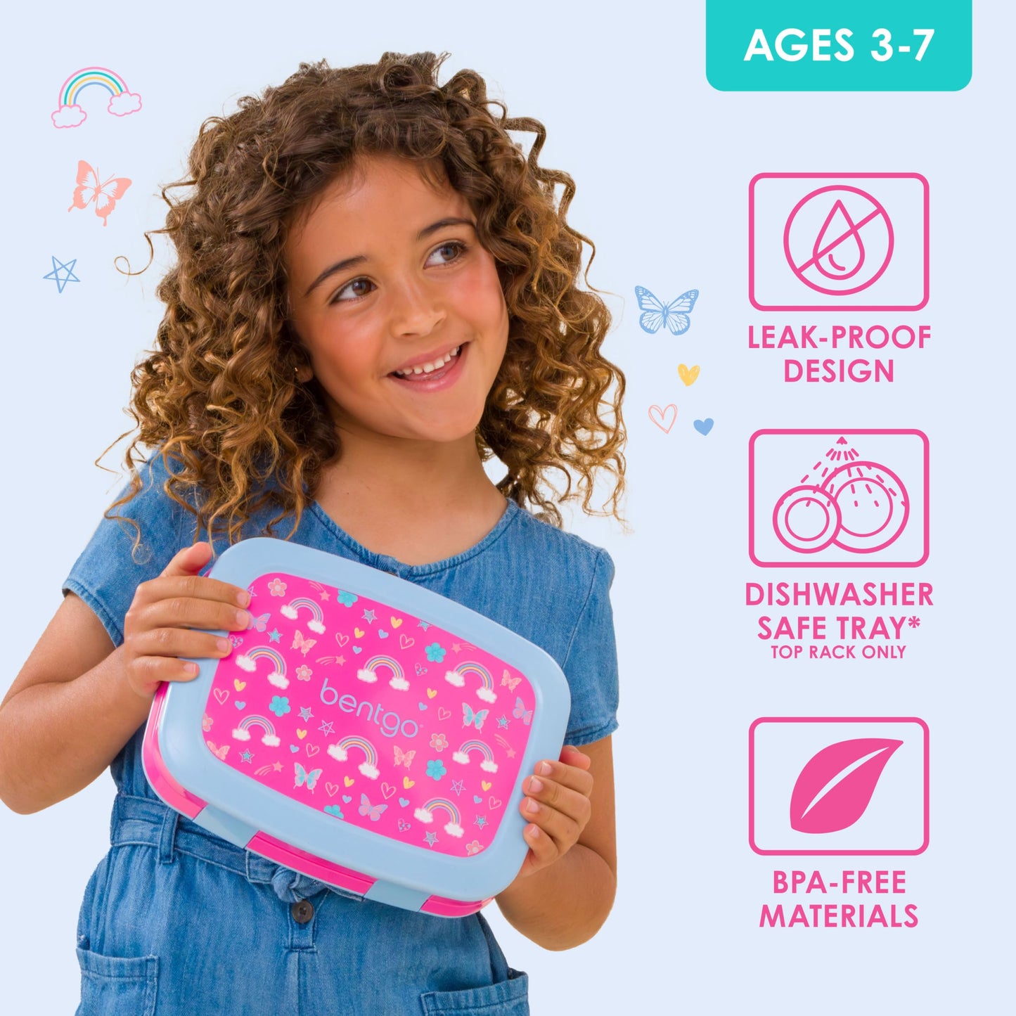 Bentgo Kids Prints Leak-Proof, 5-Compartment Bento-Style Kids Lunch Box - Ideal Portion Sizes for Ages 3-7, Durable, Drop-Proof, Dishwasher Safe, & Made w/BPA-Free Materials (Rainbows & Butterflies)