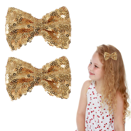 3" Gold Sparkly Glitter Sequin Hair Bows Clips for Toddler Girls Valentines Christmas Birthday Gift Party Dress Outfit Decor Accessories Wedding Alligator Barrettes Hairpins