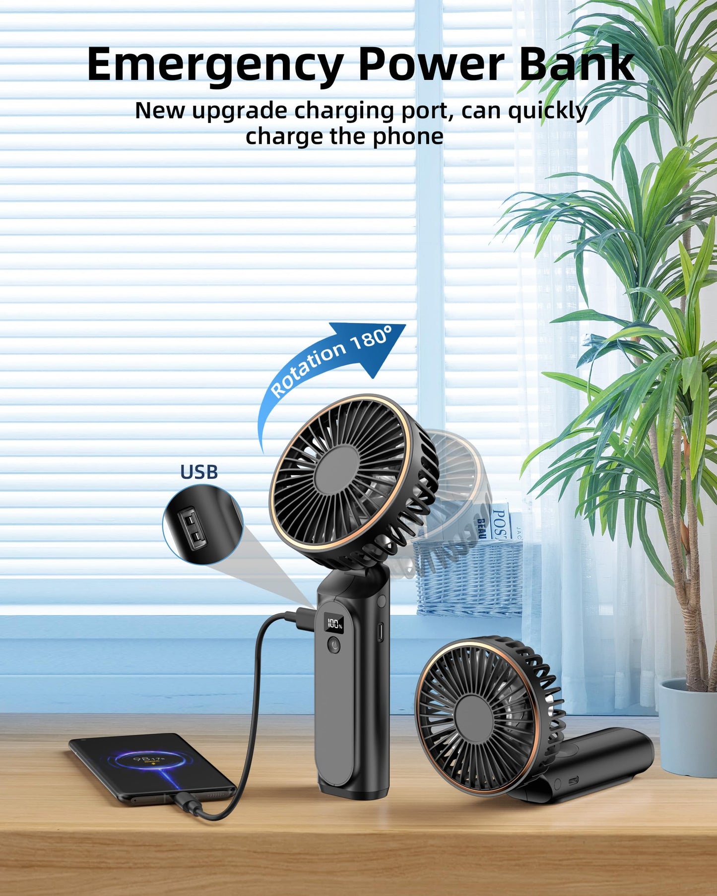 TUNISE Portable Handheld Fan, Portable Fan Rechargeable, 4000mAh, 180° Adjustable, 6 Speed Wind, Display Electricity in Real Time, USB Rechargeable Foldable Fan, Quiet Personal Fan with Power Bank