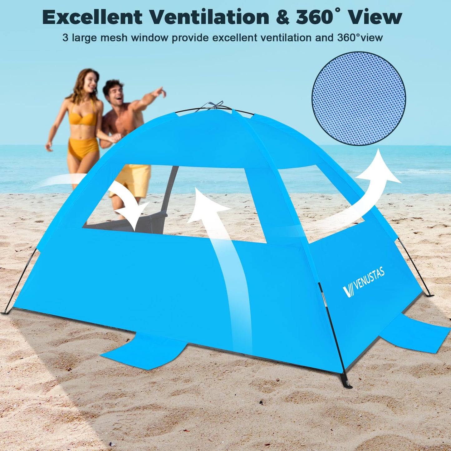 Venustas Beach Tent Sun Shelter for 3/4-5/6-7/8-10 Person, UPF 50+ UV Protection Beach Canopy, Lightweight and Easy Setup Cabana, Portable Beach Shade Tent