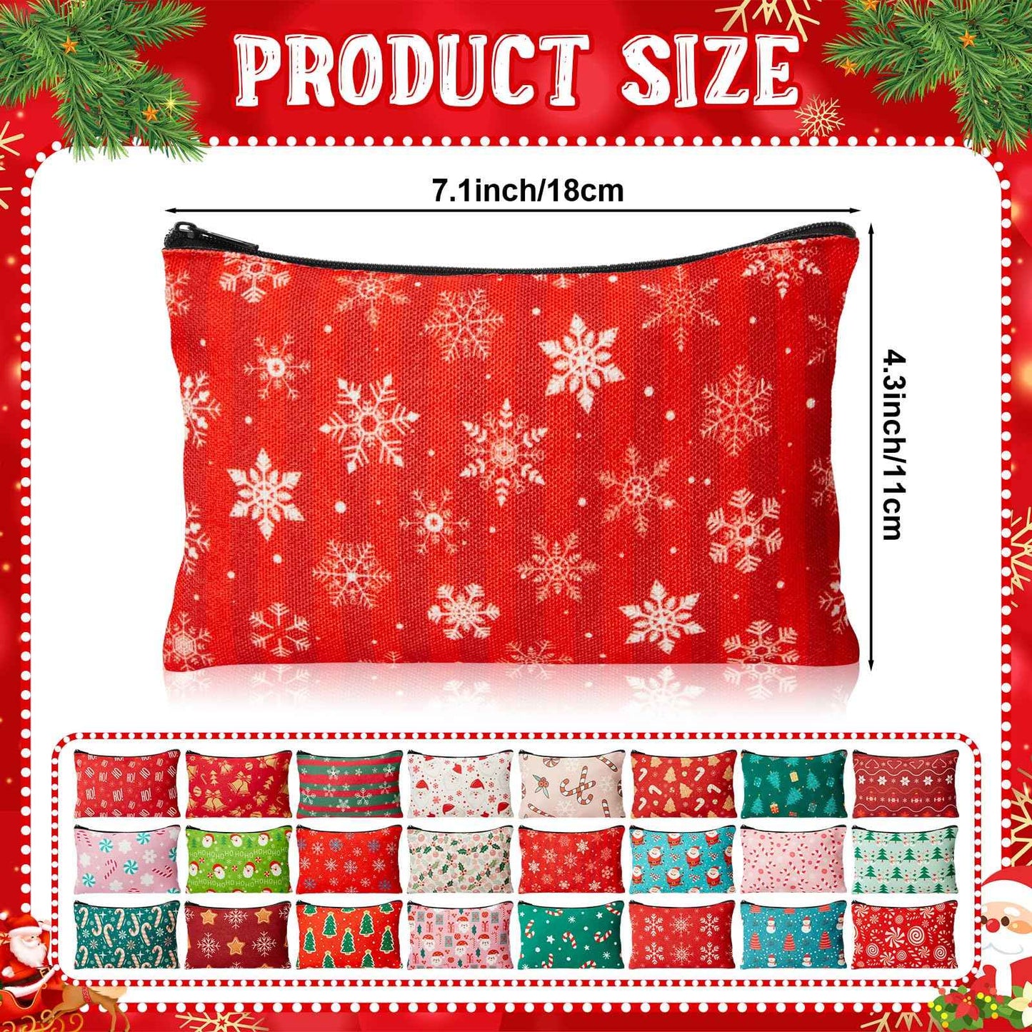 Meanplan 24 Pcs Christmas Makeup Bags Bulk Gifts Holiday Cosmetics Storage Bags Xmas Tree Santa Snowman Candy Cane Purse Double Sided Zipper Pouch for Women Travel Holiday Goodie Present