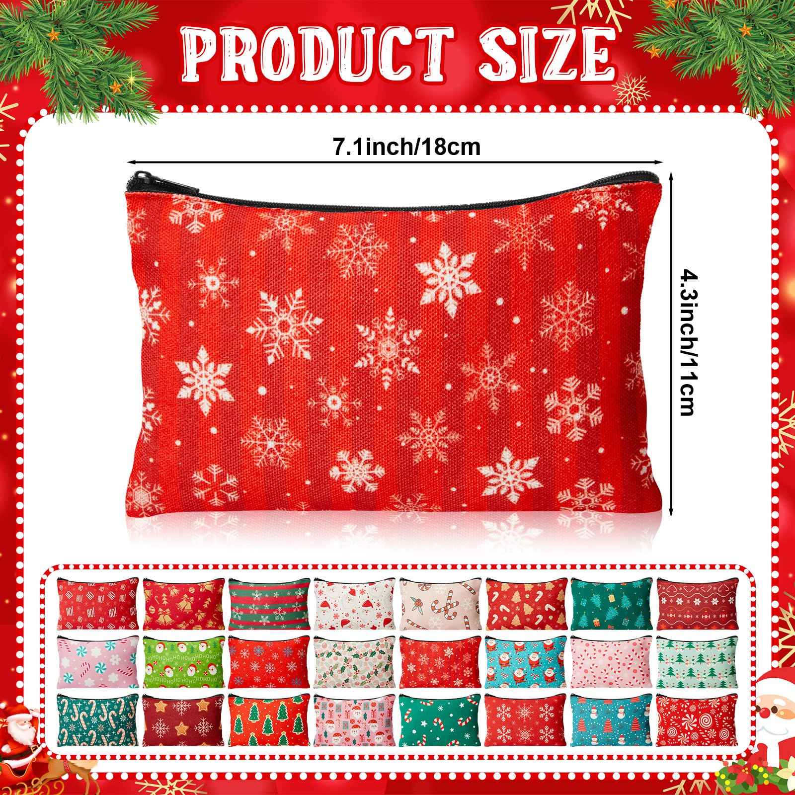Meanplan 24 Pcs Christmas Makeup Bags Bulk Gifts Holiday Cosmetics Storage Bags Xmas Tree Santa Snowman Candy Cane Purse Double Sided Zipper Pouch for Women Travel Holiday Goodie Present