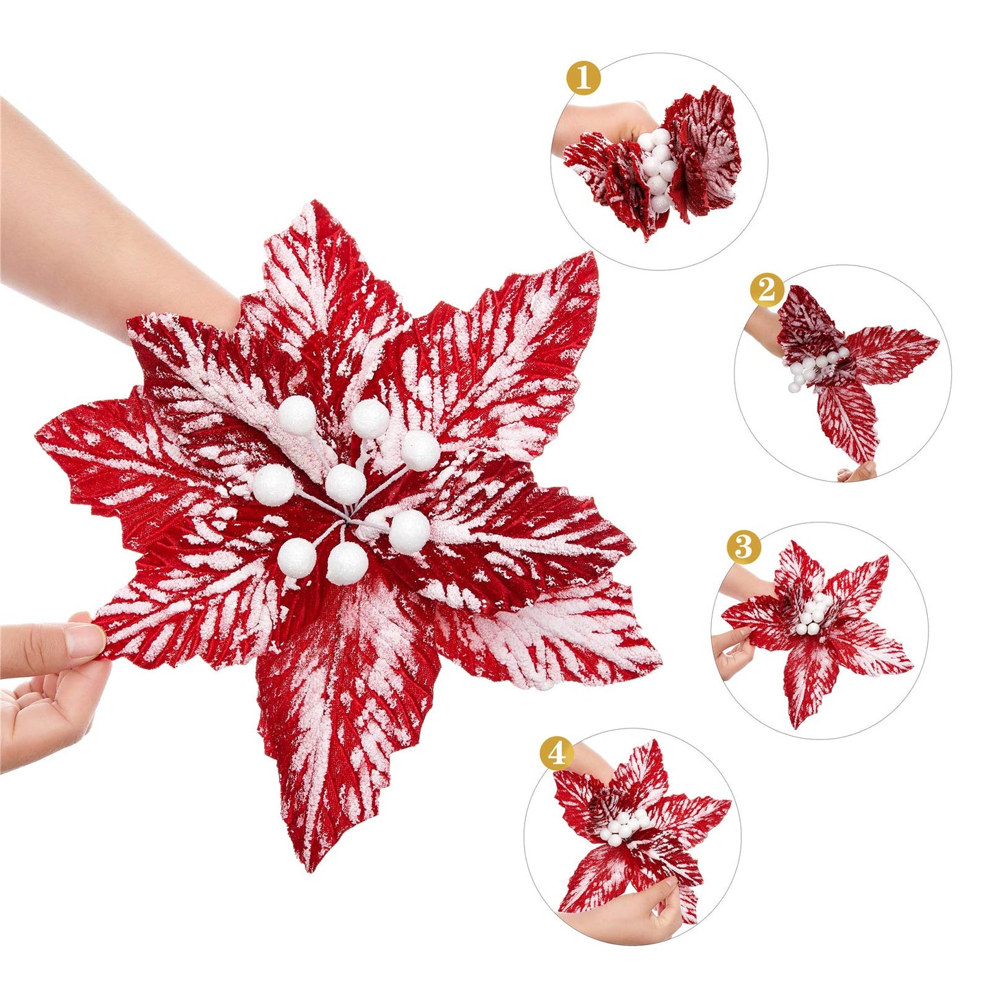 FuleHouzz 10pcs Snow Decorated Large Poinsettia Decorative Christmas Flower Stem for Christmas Tree Wreath Garland, Red/White