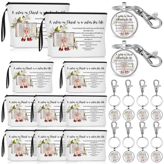 Dansydaisy 16 Pcs Christian Church Sister in Christ Makeup Bag Bible Verse Keychains for Women Christmas Friendship Gift
