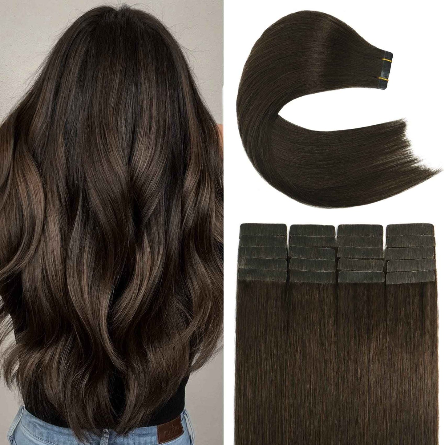 Purfasion Tape in Hair Extensions Remy Human Hair Dark Brown Invisible Skin Wef 22inch 60g 20 Pieces Staight Tape ins for Fashion Women