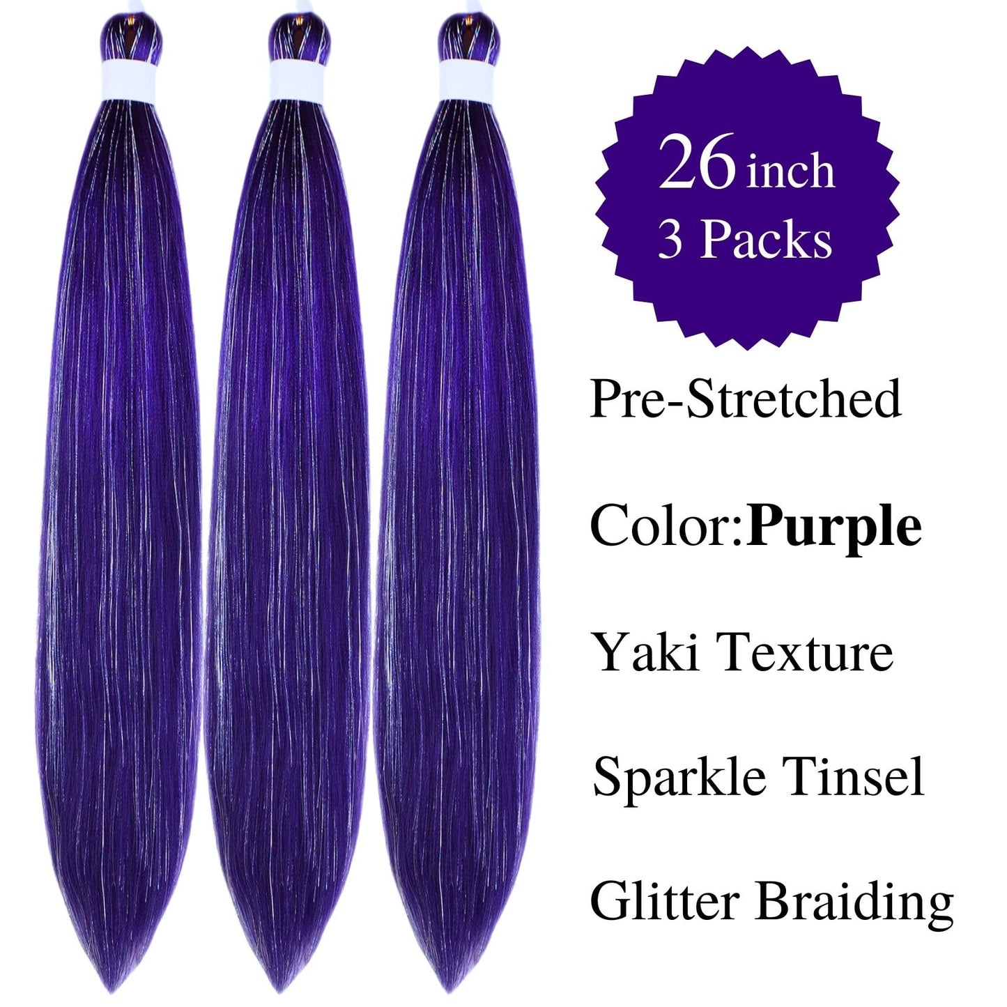 Gozill Braiding Hair Pre stretched Purple Sparkle Tinsel Prestretched Braiding Hair