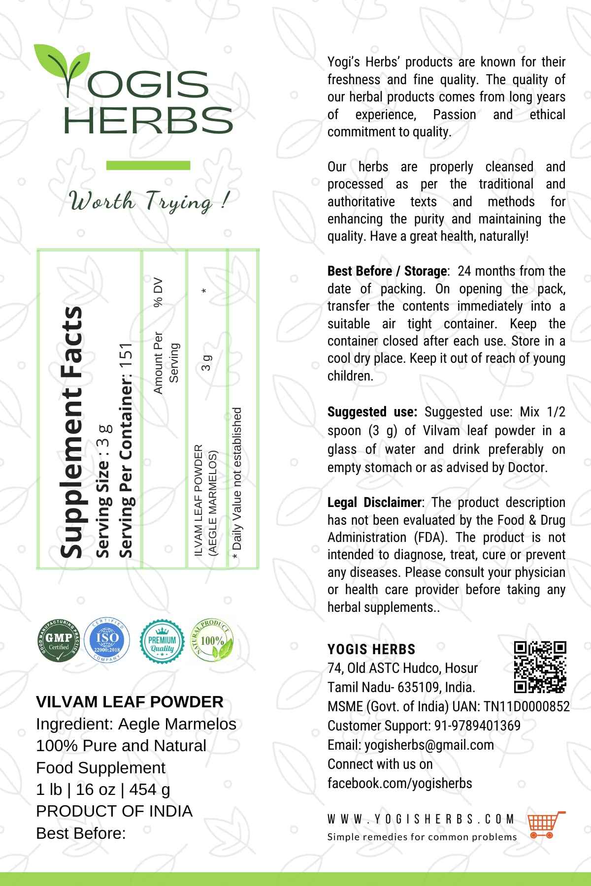 YOGIS HERBS Premium Vilvam Leaf Powder (Aegle Marmelos/Bael/Bilva) 1 Lb Fresh & Pure 16.0 Ounce (Pack of 1) Green