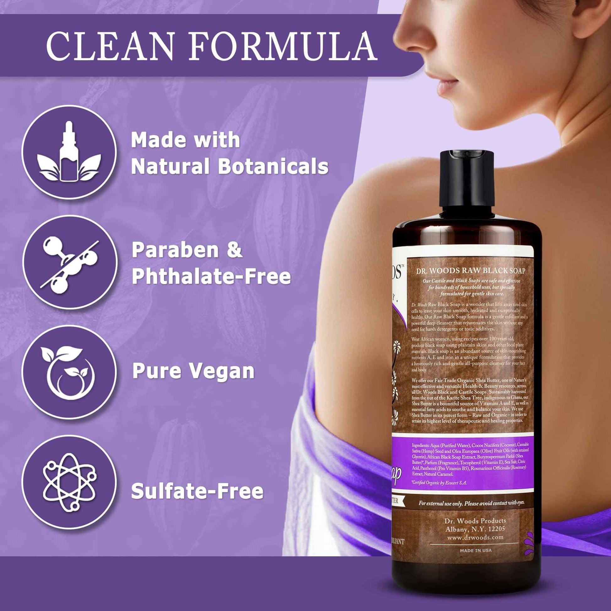 Dr. Woods Raw African Liquid Black Soap - Body Wash for Men and Women, Contains Organic Shea Butter, Gentle Exfoliant, Natural Cleanser for Face, Hands, and Body - 32 Fl Oz, Pack of 3