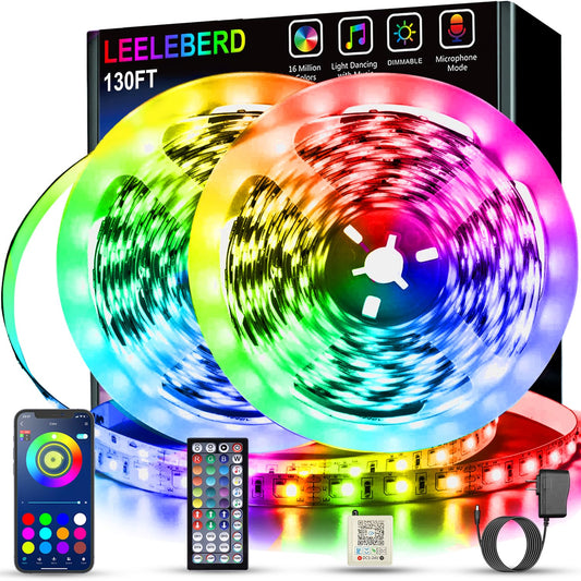 130 ft Led Lights for Bedroom,(2 Rolls of 65FT) Bluetooth Smart APP Control Color Changing RGB Led Strip Lights with Remote Control Led Lights for Room Kitchen Party Home Decoration