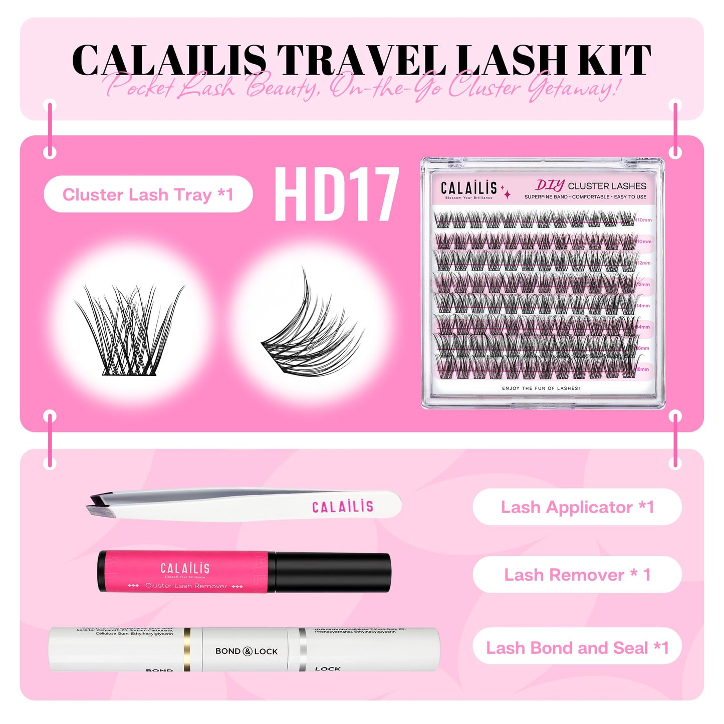 CALAILIS Lash Extension Kit for Travel, Eyelash Extension Kit with 96Pcs D Curl Lash Clusters, Lash Bond and Seal, Lash Remover and Lash Applicator Portable Lash Clusters Kit DIY at Anywhere (HD17Kit)