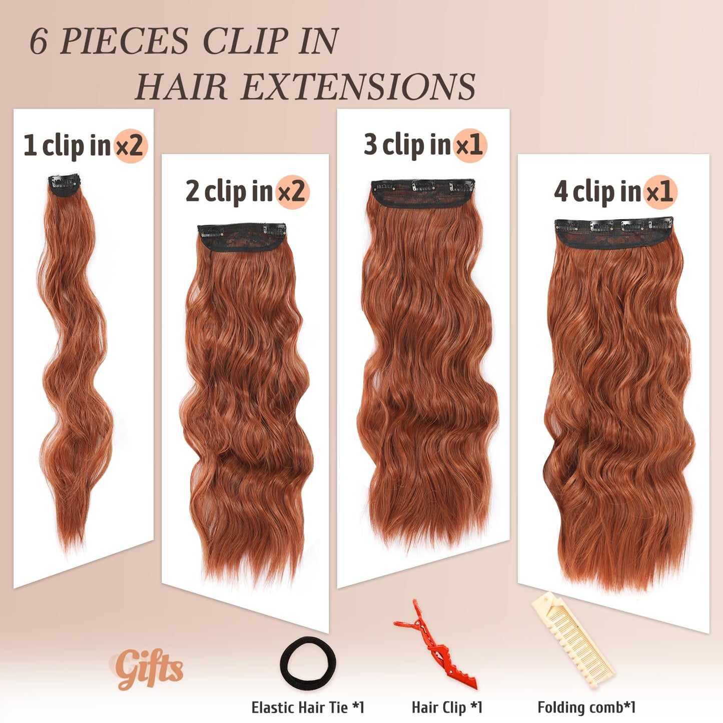 NAYOO Clip in Hair Extensions for Women 20 Inch Long Wavy Curly Copper Red Hair Extension Full Head Synthetic Hair Extension Hairpieces (6PCS, Copper Red)