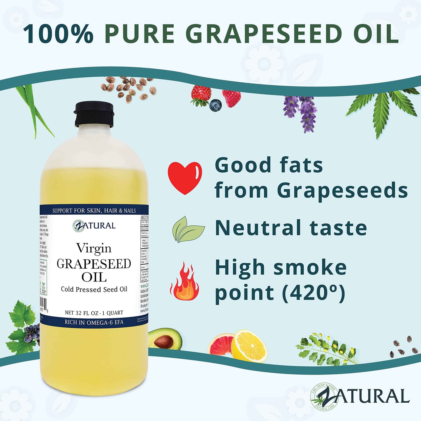 Zatural Grapeseed Oil Naturally Grown 100% Pure Cold Pressed Virgin High Tempurature Cooking Oil (32oz)