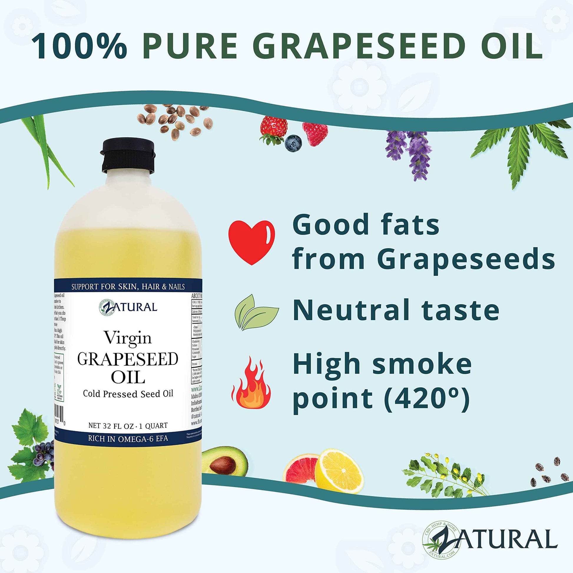 Zatural Grapeseed Oil Naturally Grown 100% Pure Cold Pressed Virgin High Tempurature Cooking Oil (32oz)