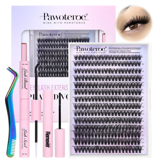 Pawotence Lash Extension Kit DIY 280pcs Individual Lash Clusters Kit 9-16mm 40D Cluster Eyelash Extension Kit with Lash Bond and Seal, Lash Remover, Lash Tweezers for Self Use (40D, 9-16mm, All Kit)