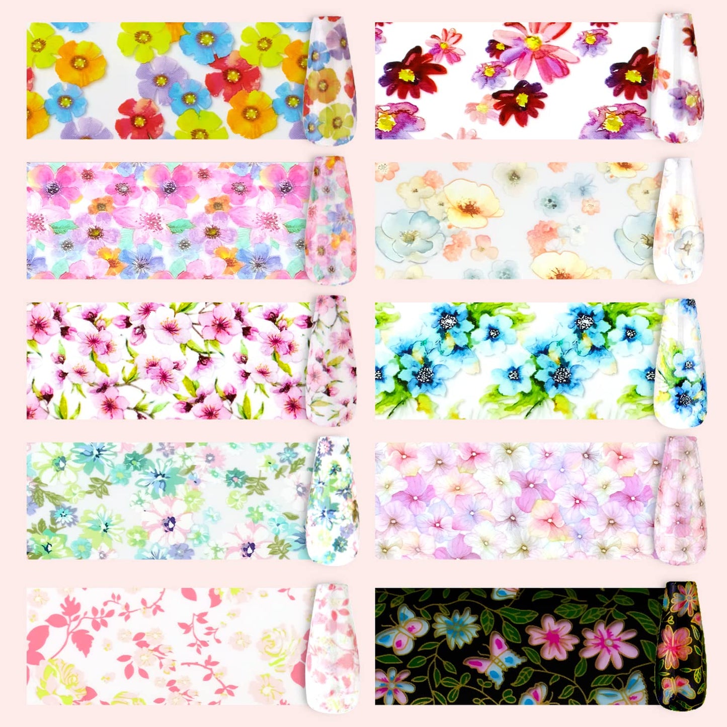 Makartt 10 Rolls Nail Art Foil Stickers Mix Flower Nail Foil Transfer Stickers Nail Foil Adhesive Nail Decals Nail Art Supplies for Nail Art Designs - 2.5x100cm