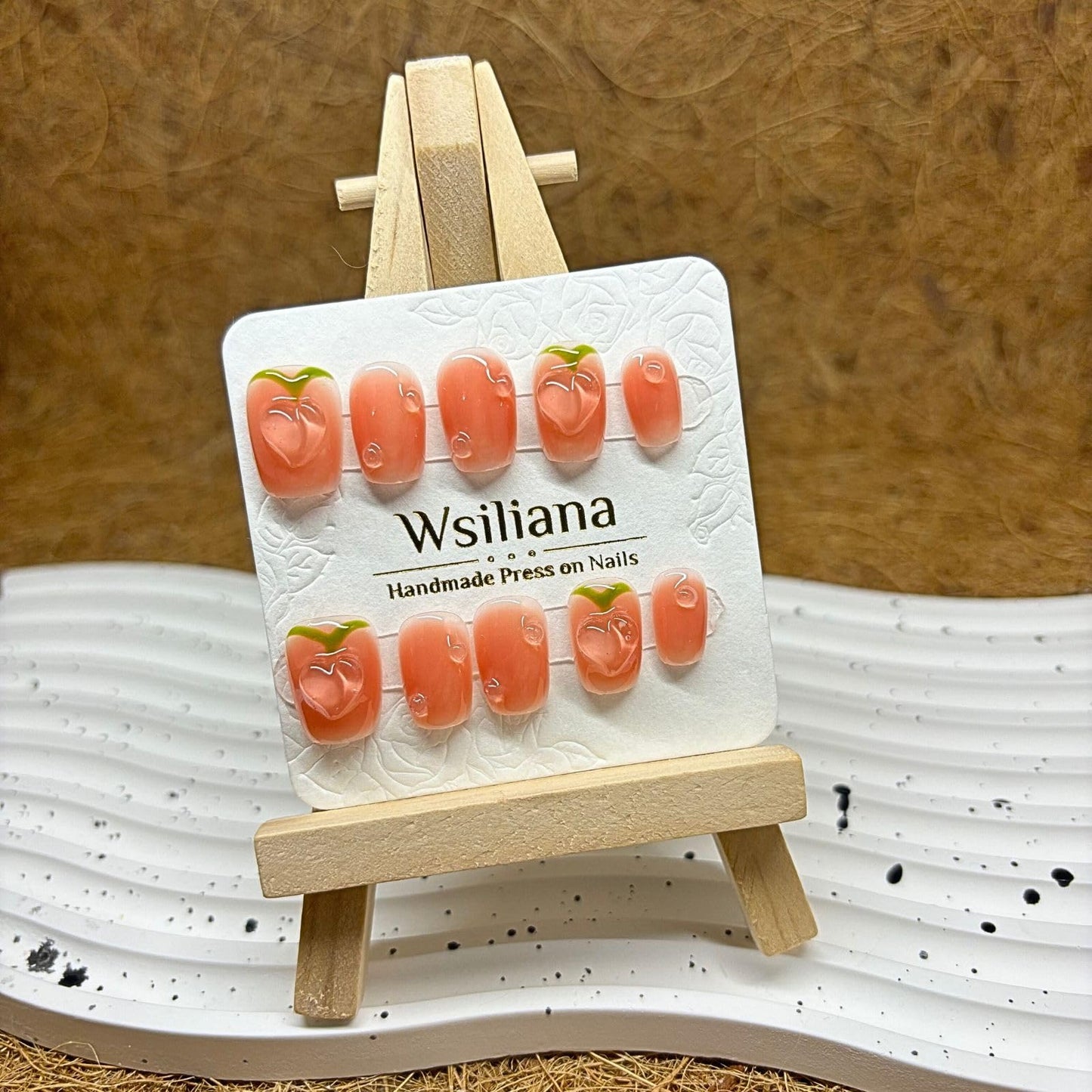 Wsliana Handmade Press On Nails - Orange Short Square Shape with 3D Peach Fruit Design, 10pcs Glue On Acrylic Fake Nails with Storage Box | Stylish and Cute (038 S)