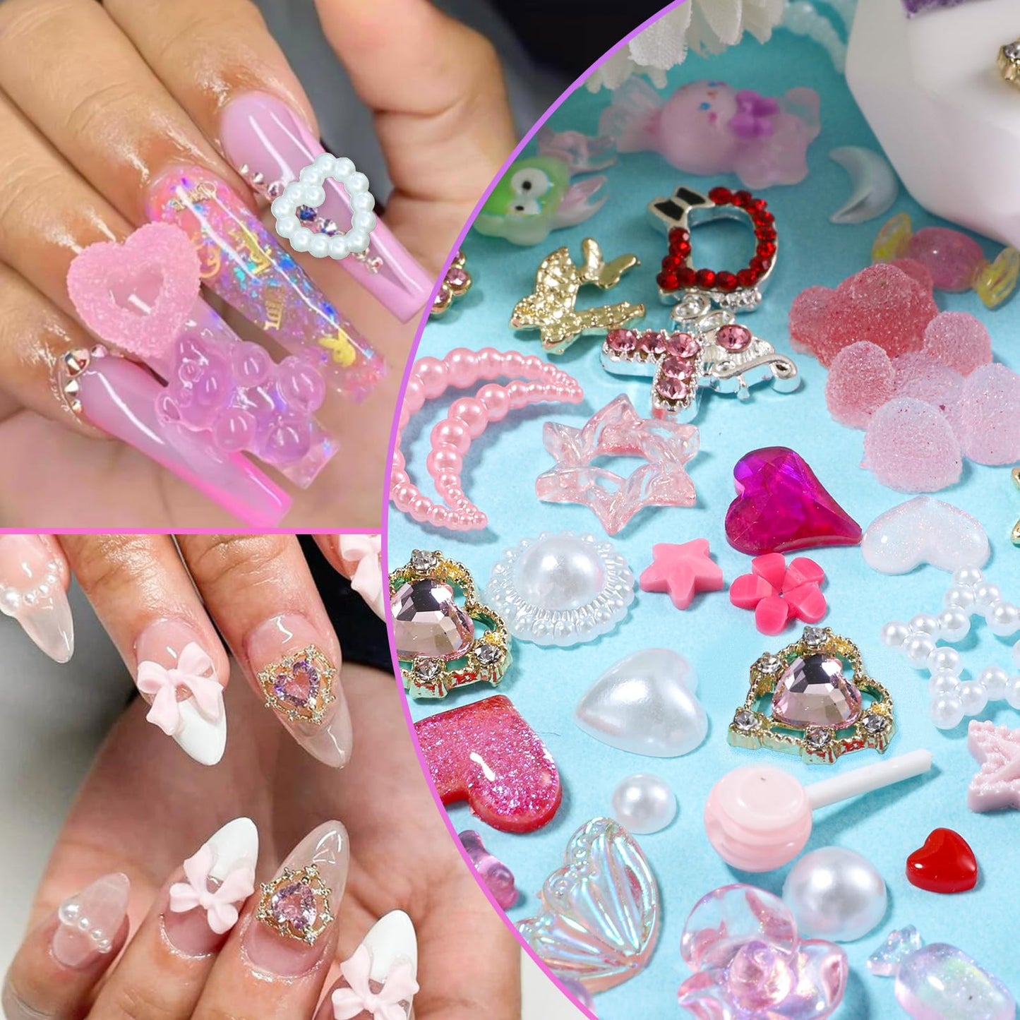 Candy Nail Charms and Gems, Multi Color Acrylic 3D Shape Design Gummy Bear Lollipop Star Bows Cute Nails Charms, 14Pcs Metal Alloy Cute Nail Rhinestones Gems Charms for Nail Art DIY