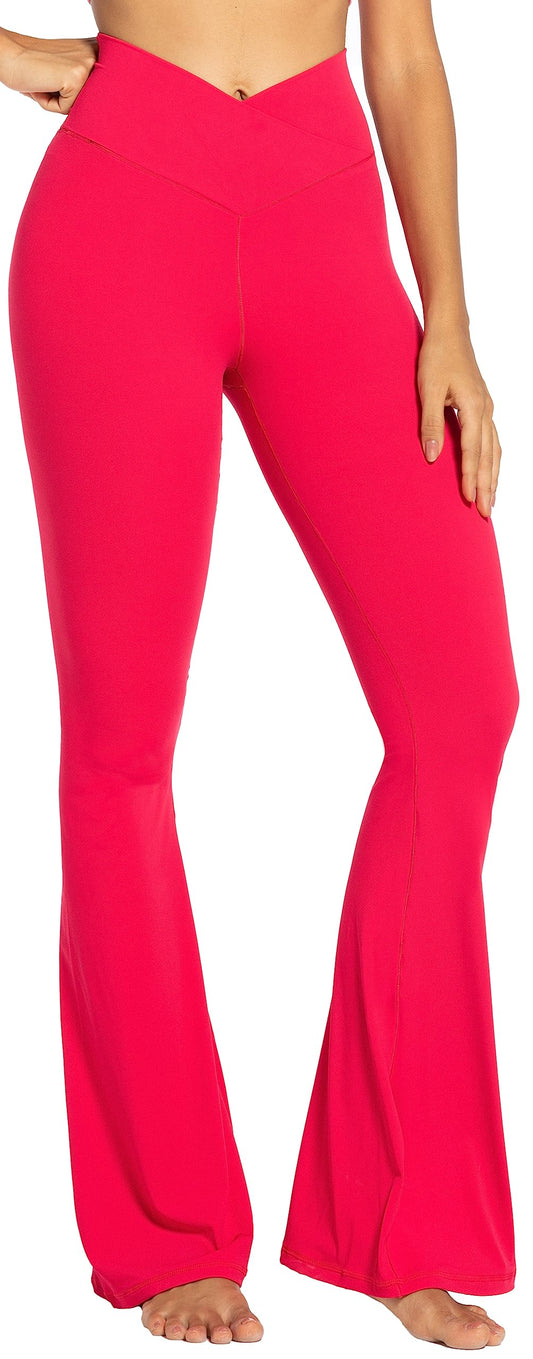 Sunzel Flare Leggings, Crossover Yoga Pants for Women with Tummy Control, High-Waisted and Wide Leg Red