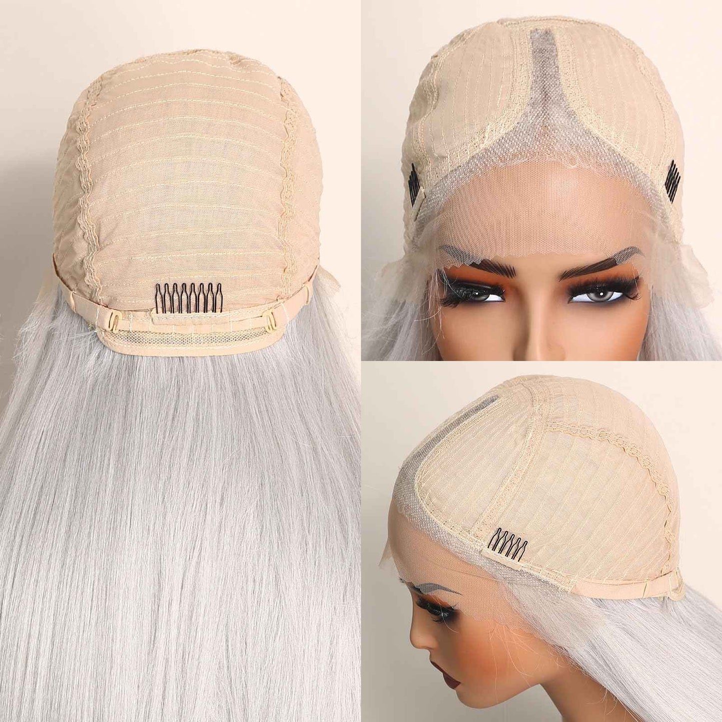 X-TRESS White Blonde Light Grey Glueless Lace Front Wig Pre Plucked Middle Part Straight Synthetic Lace Frontal Wigs 26 Inch Platinum Blonde Wigs