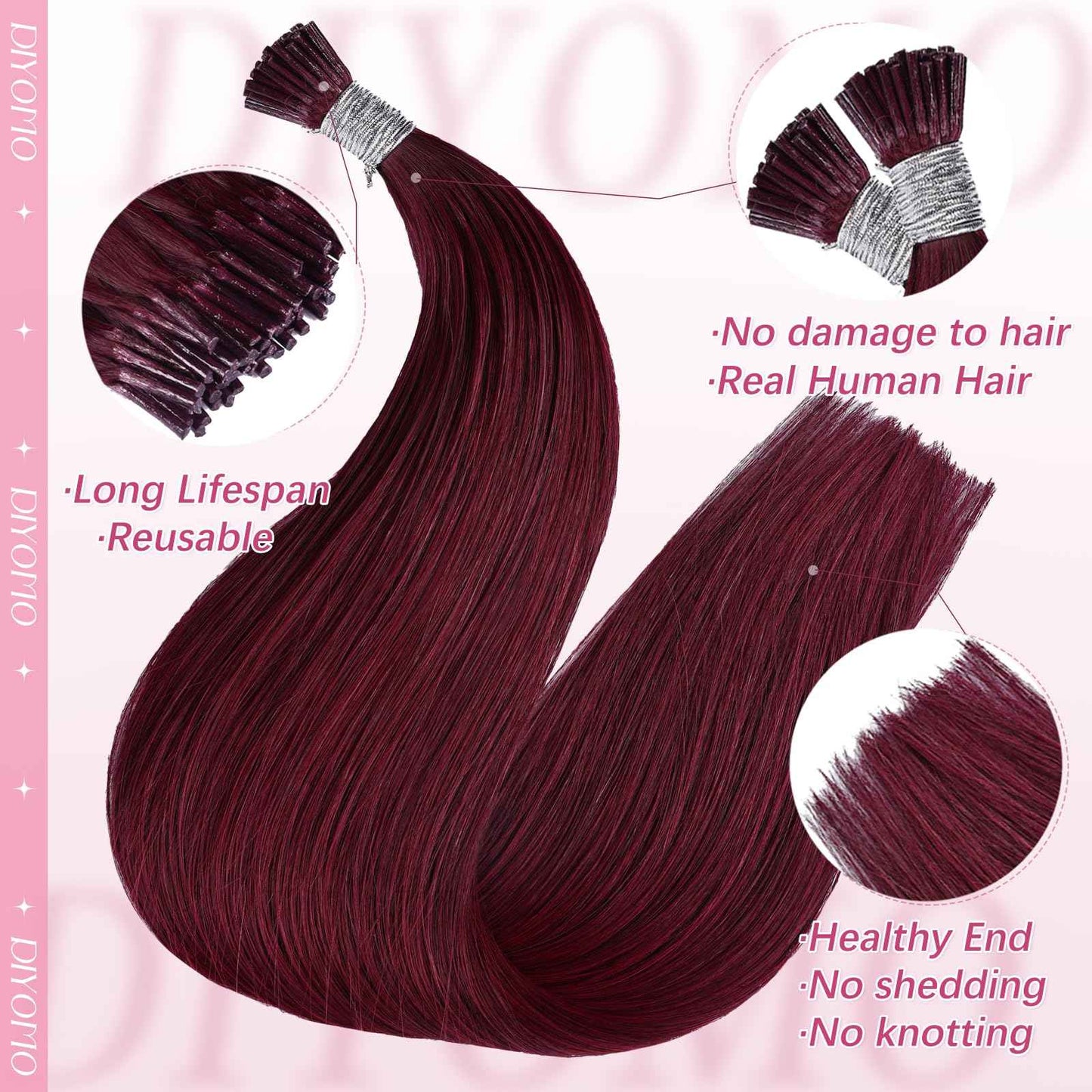 DIYOMO I Tip Hair Extensions Human Hair Wine Red Remy Itip Human Hair #99J Burgundy 20inch Pre Bonded Invisible I Tip Hair Extensions Straight Stick 50g/60s