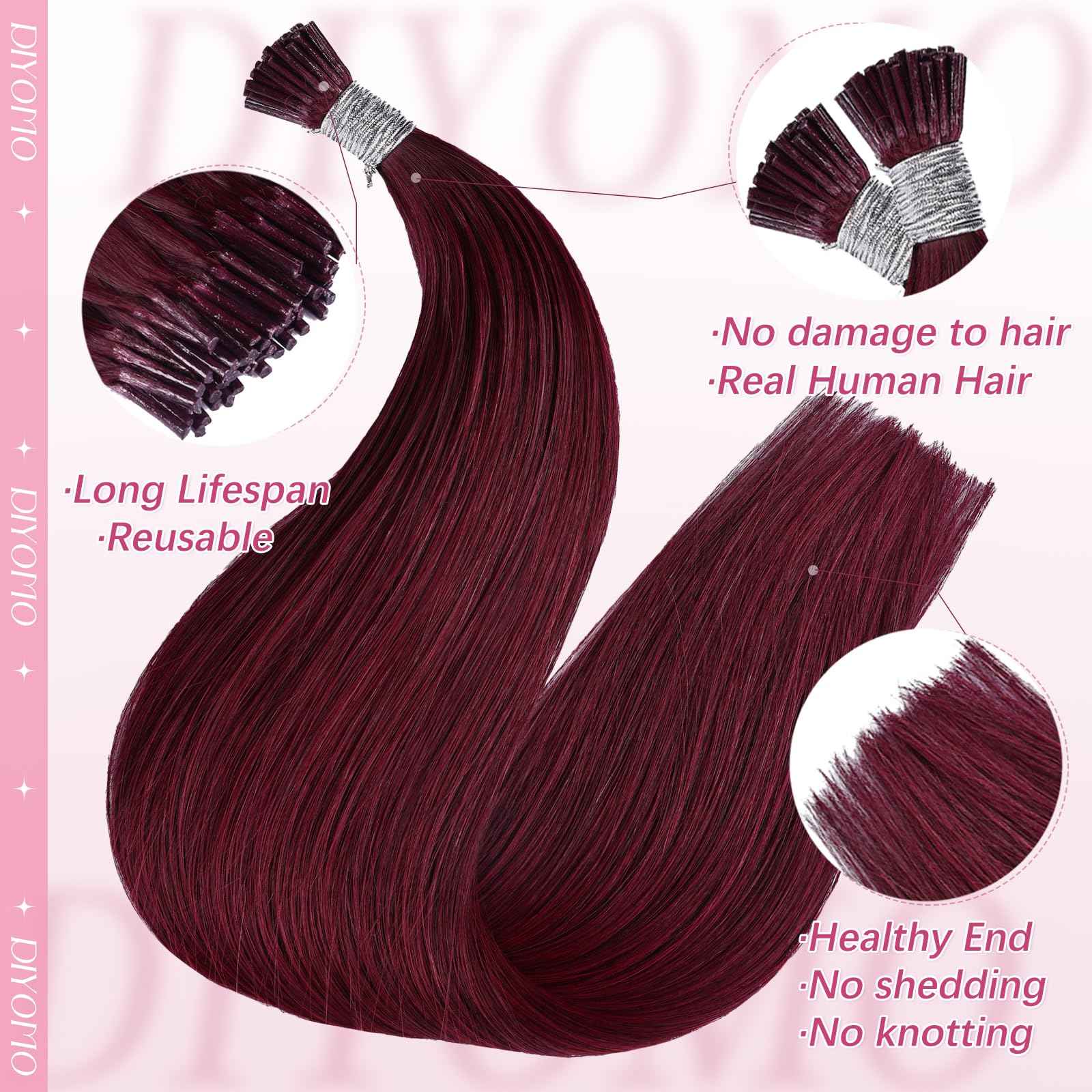 DIYOMO I Tip Hair Extensions Human Hair Wine Red Remy Itip Human Hair #99J Burgundy 20inch Pre Bonded Invisible I Tip Hair Extensions Straight Stick 50g/60s