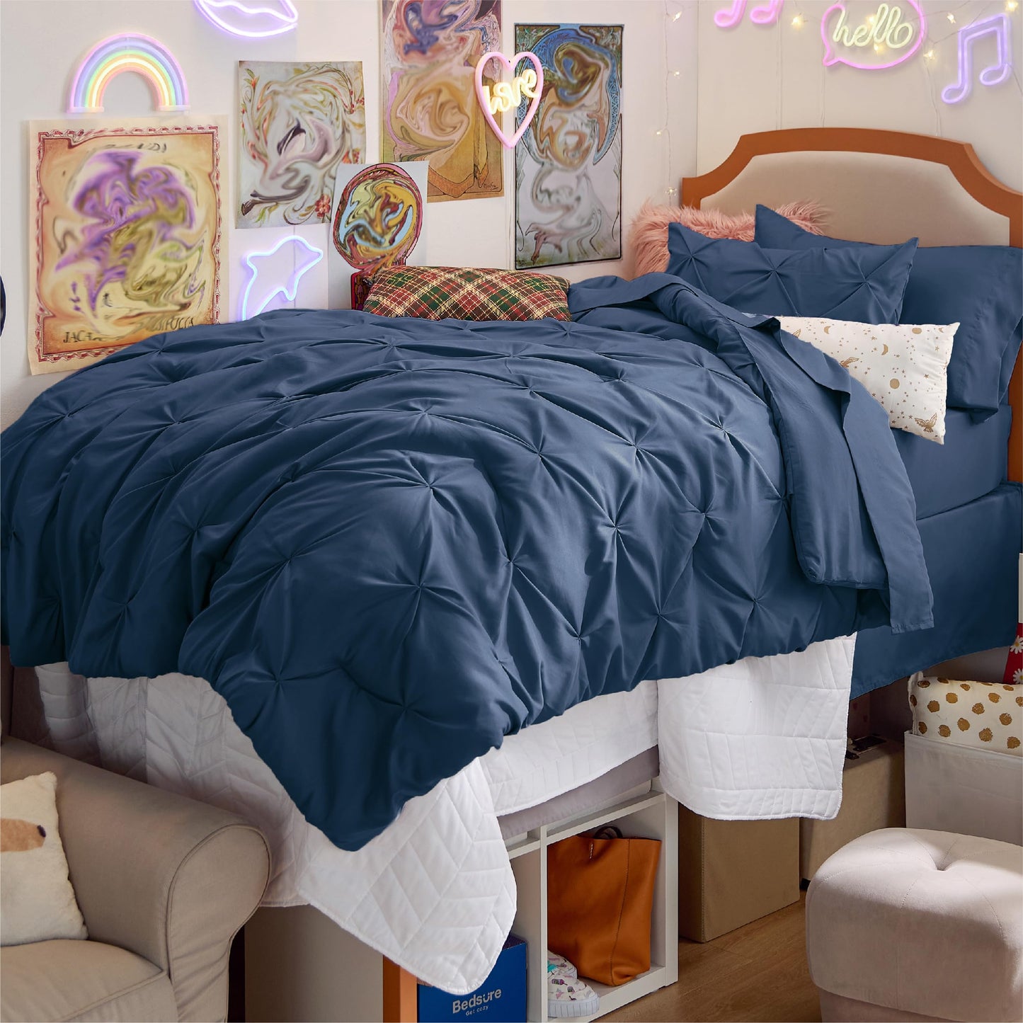 Bedsure Twin Comforter Set with Sheets - 5 Pieces Twin Bedding Sets, Pinch Pleat Navy Blue Twin Bed in a Bag with Comforter, Sheets, Pillowcase & Sham