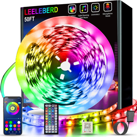 50ft Led Lights for Bedroom, Bluetooth Smart APP Control RGB Color Changing Led Strip Lights with Remote Control and Power Adapter Led Lights for Room Kitchen Party Home Decoration