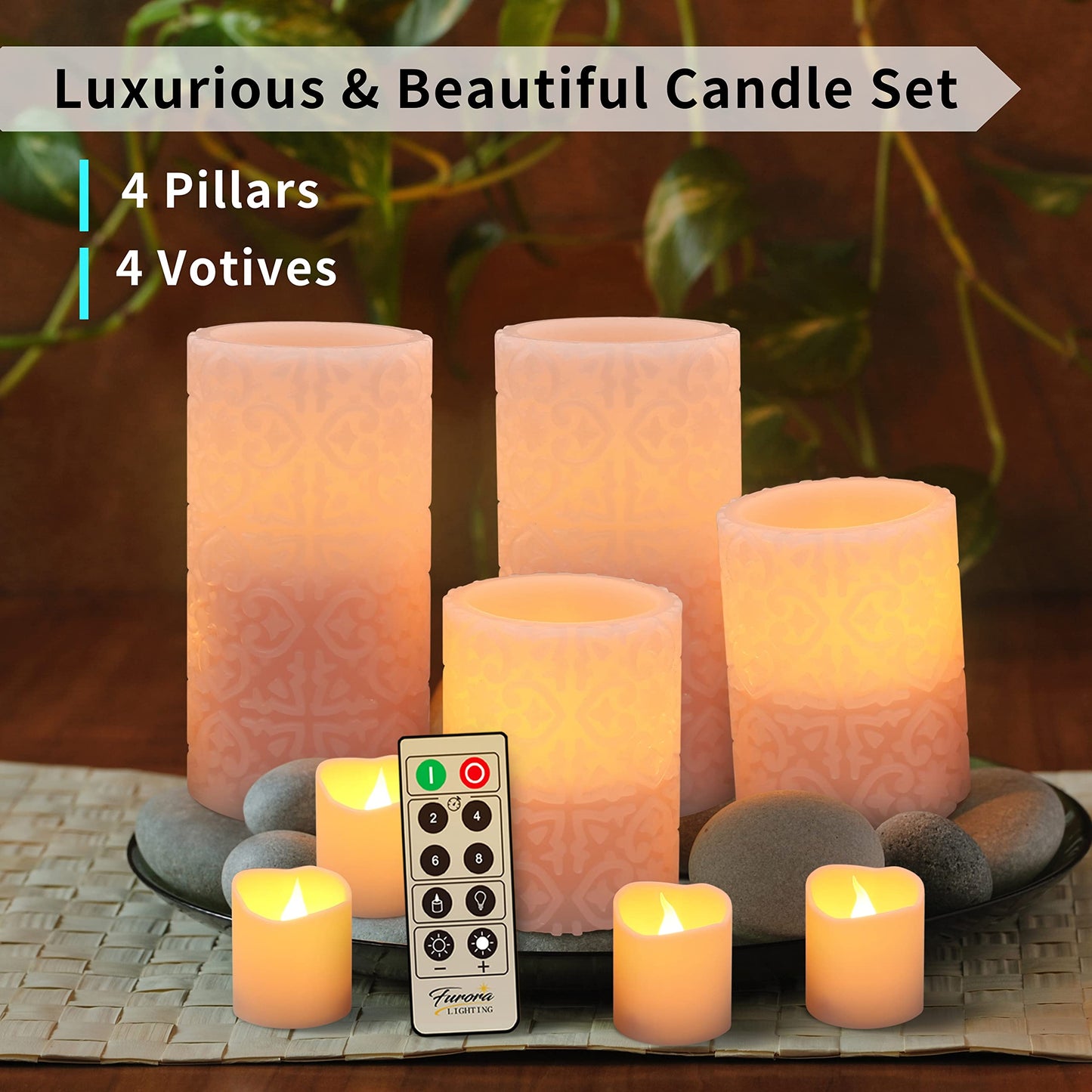 FURORA LIGHTING Pink Rome Real Wax LED Candles with Remote and Timer, 4 Pillar and 4 Votives Pack of 8, Flameless Flickering Candles for Home Décor, Battery Included