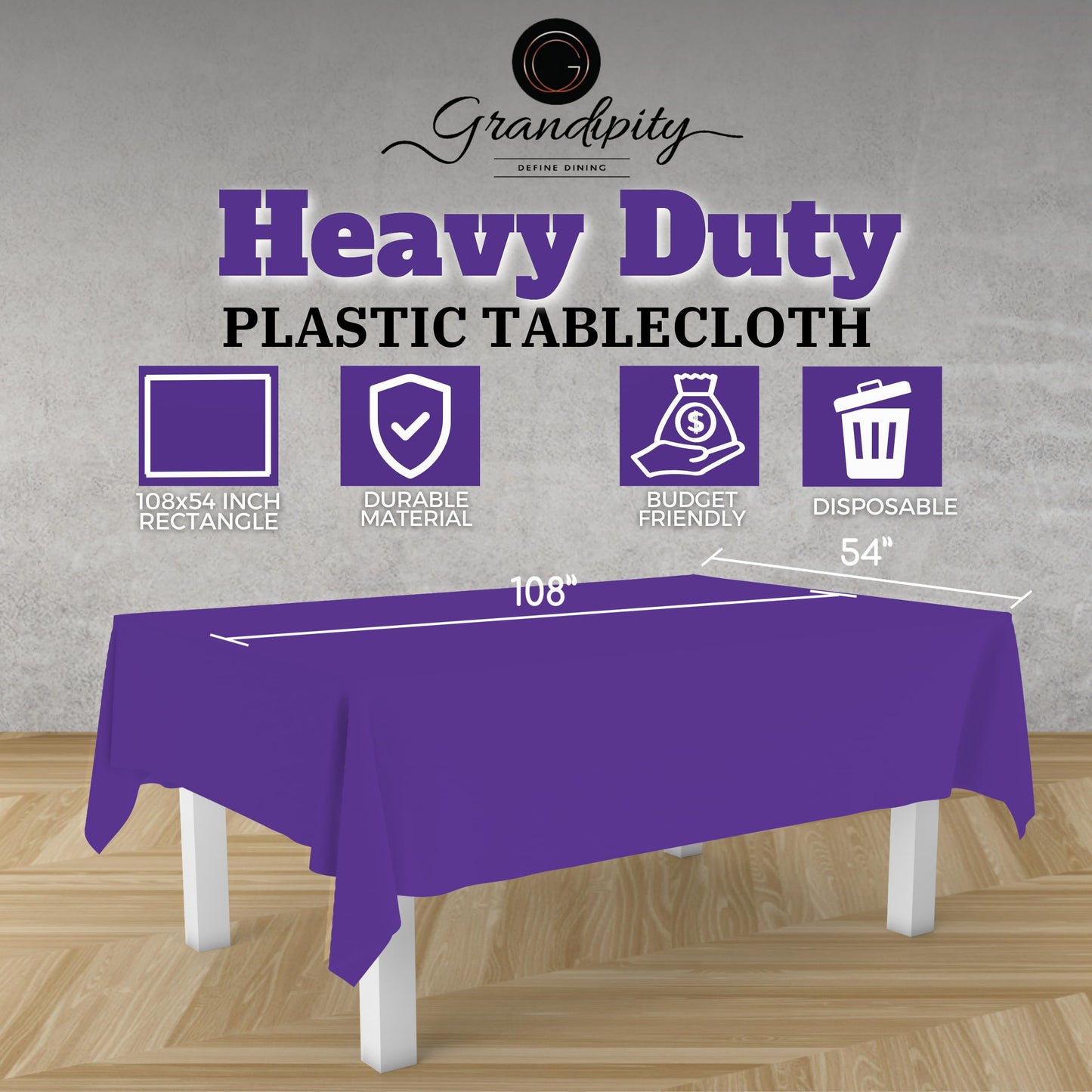 Grandipity Purple 12 Pack Premium Disposable Plastic Tablecloth 54 Inch. x 108 Inch. Decorative Rectangle Table Cover