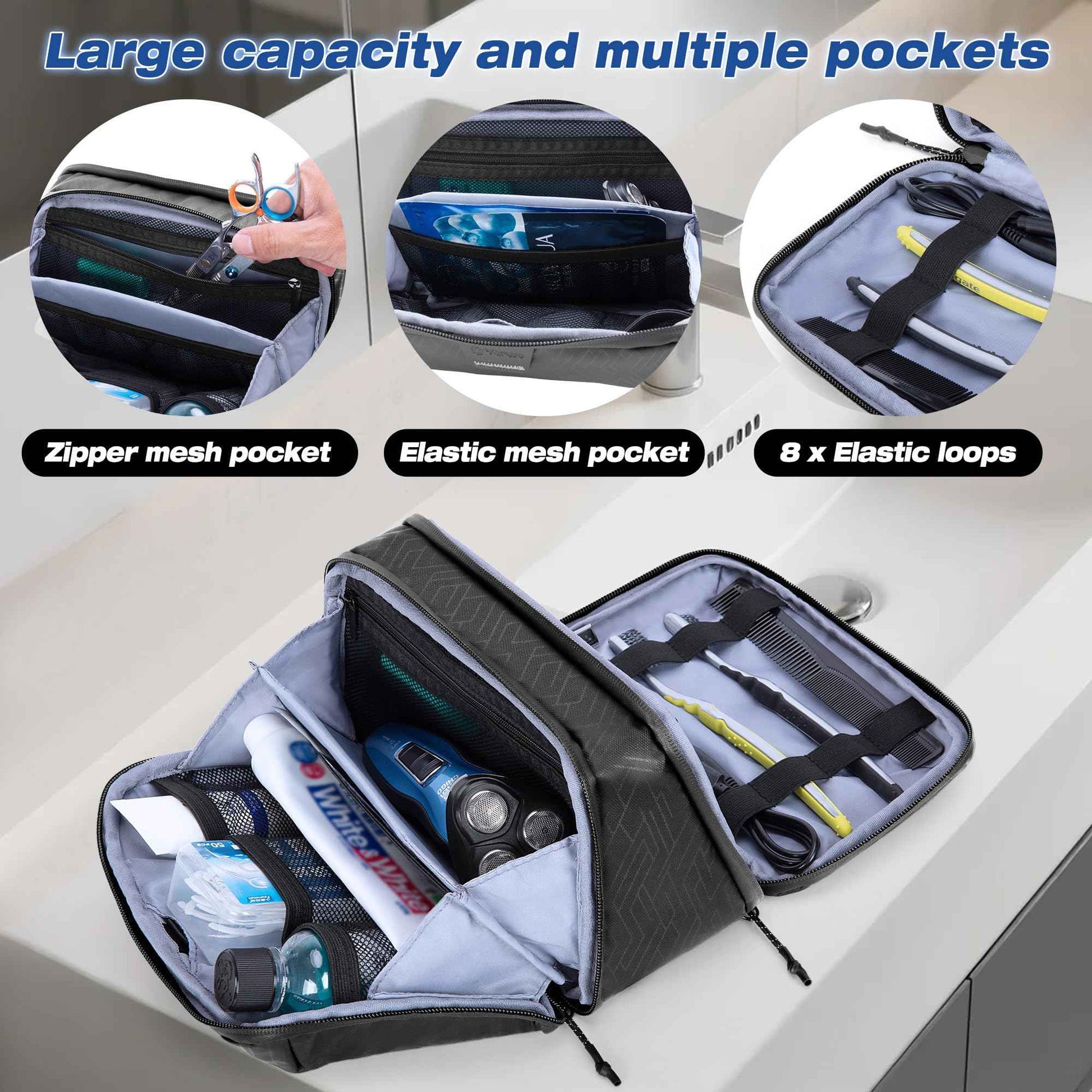 Yarwo Travel Toiletry Bag for Men, Hanging Dopp Kit Shaving Storage Case, Water-resistant Toiletry Organizer Hygiene Bag for Toiletries, Skincare, Razor, Makeup, Cosmetics, Shower Essentials