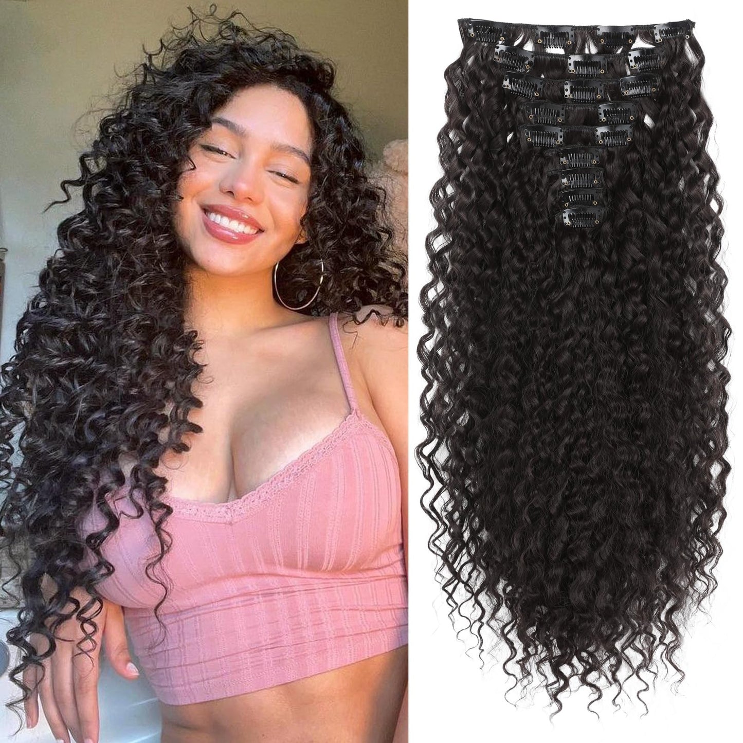 LONAI Hair Extension,9PCS 22" Curly Clip in Hair Extensions LN002 Long Soft Thick Synthetic Hairpieces for Women-Black Brown