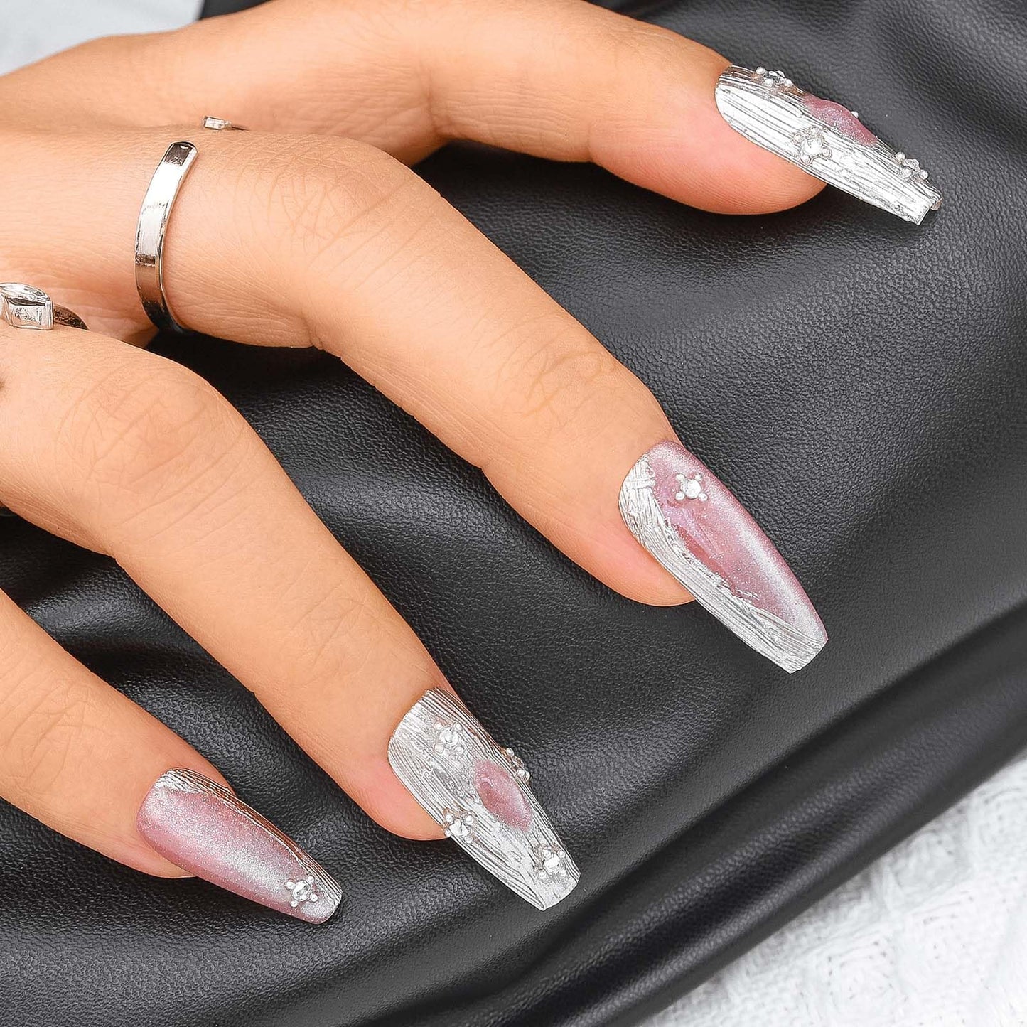 Sethexy Pink Cat Eye Handmade Press On Nails Long Coffin Glossy False Nails Acrylic Salon Fake Nails with Design for Women and Girls 10PCS (Pink3)