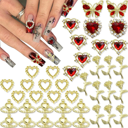 RODAKY 40PCS Valentine's Day Heart Charms for Acrylic Nails 3D Gold Butterfly Flower Nail Art Charms Gold Crown Charms for Manicure DIY Nail Gems for Nail Supplies Accessories for Women and Girls