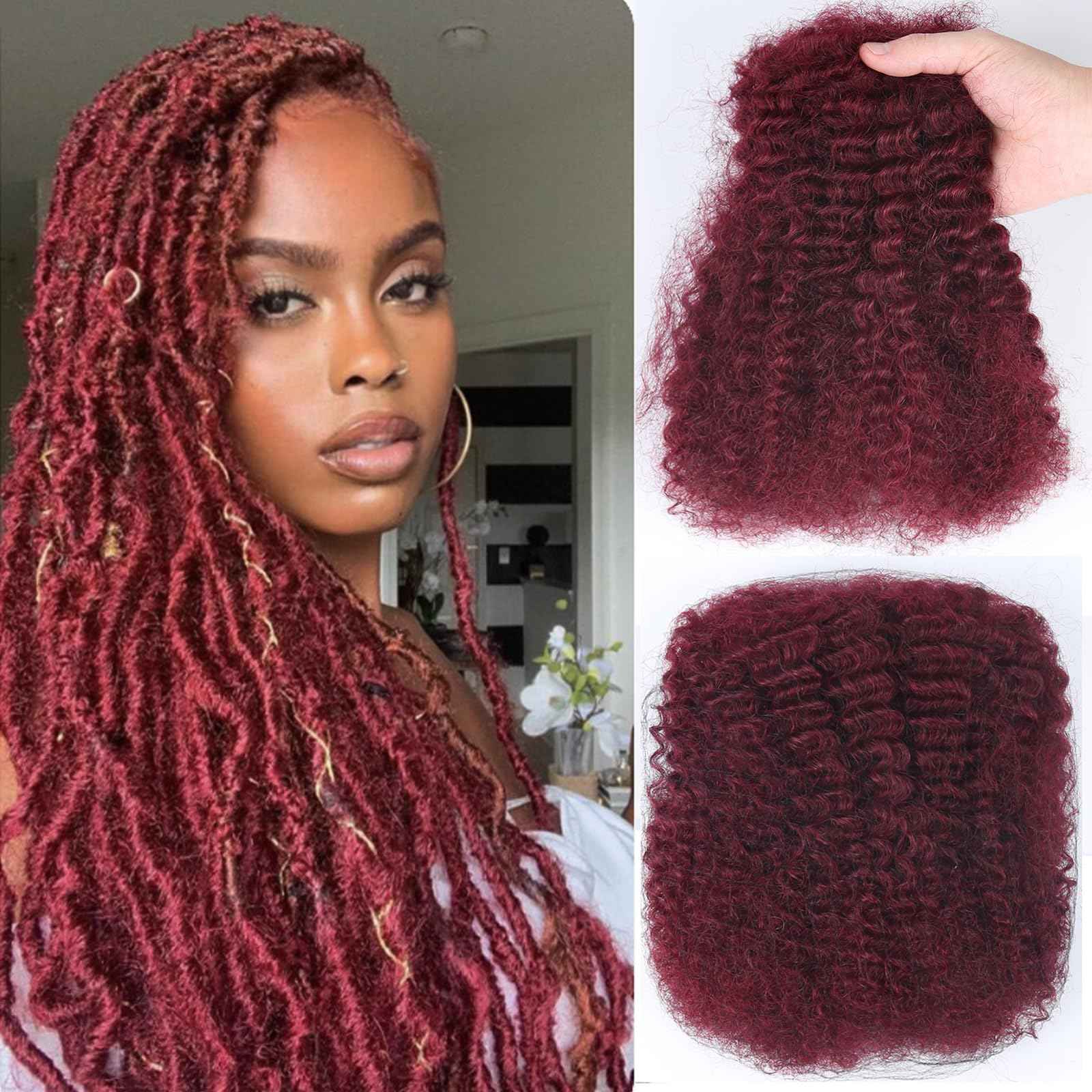 Afro Kinkys Bulk Human Hair for Braiding Burgundy Afro Kinky-Curly Human Hair Bulk for Twist 16 Inch 50g/Bundle 99J No Weft 4c Kinky Curly Bundles for Braids Micro Locs Dreadlock Extensions