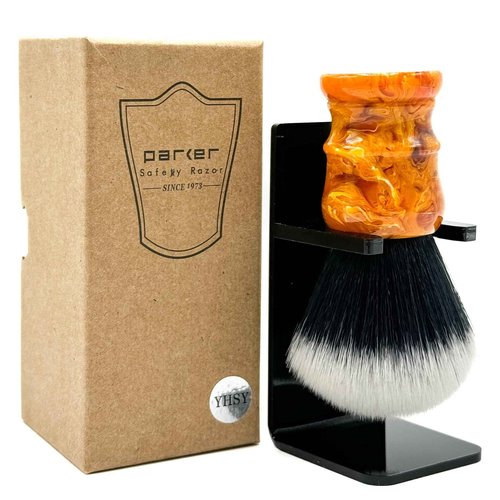 Parker “Solar Storm” Ultra‑Soft Synthetic Shaving Brush – 28 mm Tuxedo Knot – High‑Density for Superior Lathering + Acrylic Stand
