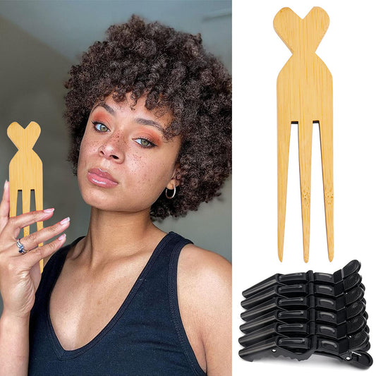 Wooden Parting Comb for African Women's Hair Braiding - Anti-Static Three-Prong Wide Tooth Comb with 6 Alligator Hair Clips