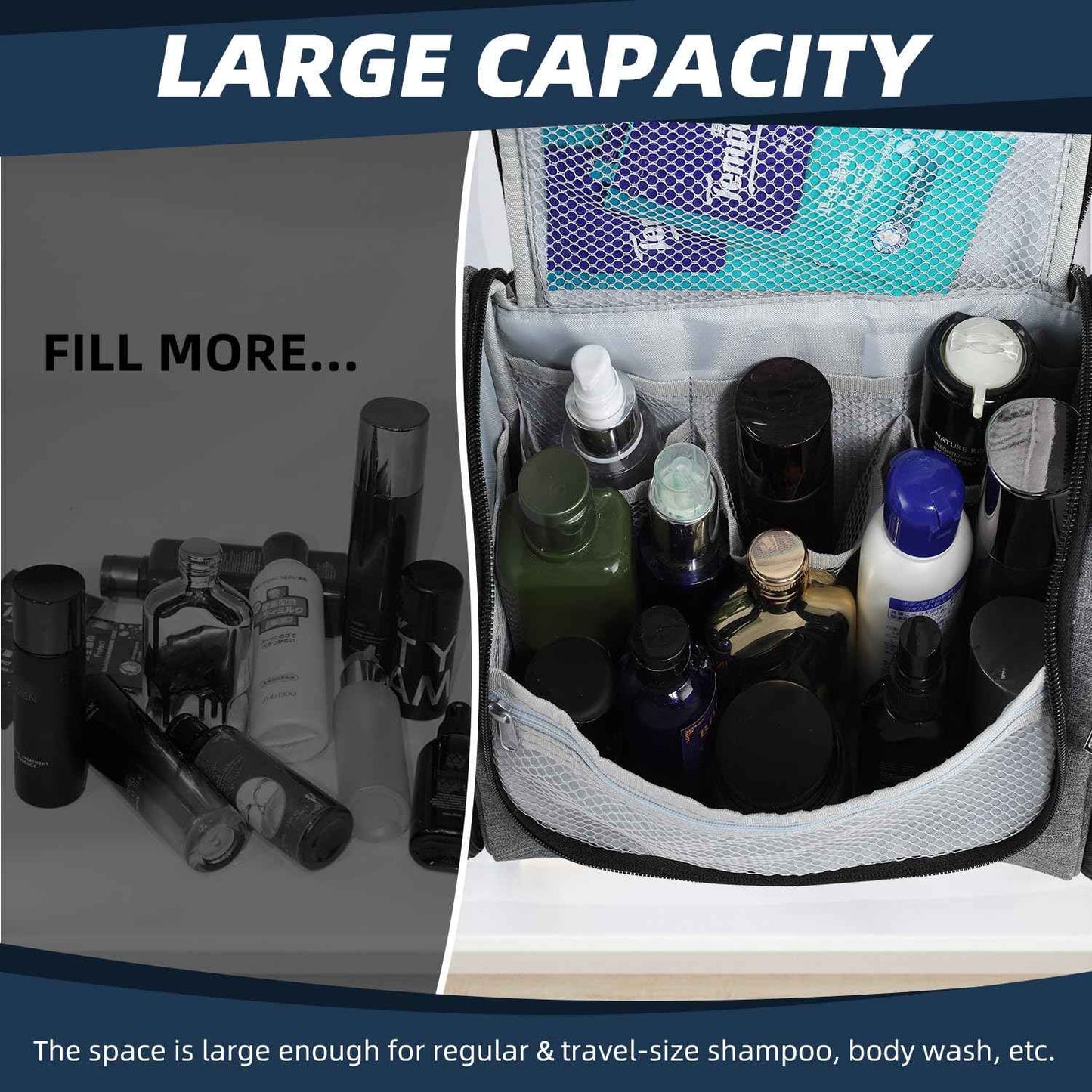 Buruis Large Capacity Toiletry Bag for Women and Men, Hanging Toiletry Organizer Cosmetics Makeup Bag, Water-resistant Dopp Kit Shaving Bags for Full Sized Toiletries, Travel Essentials (Oxford Gray)