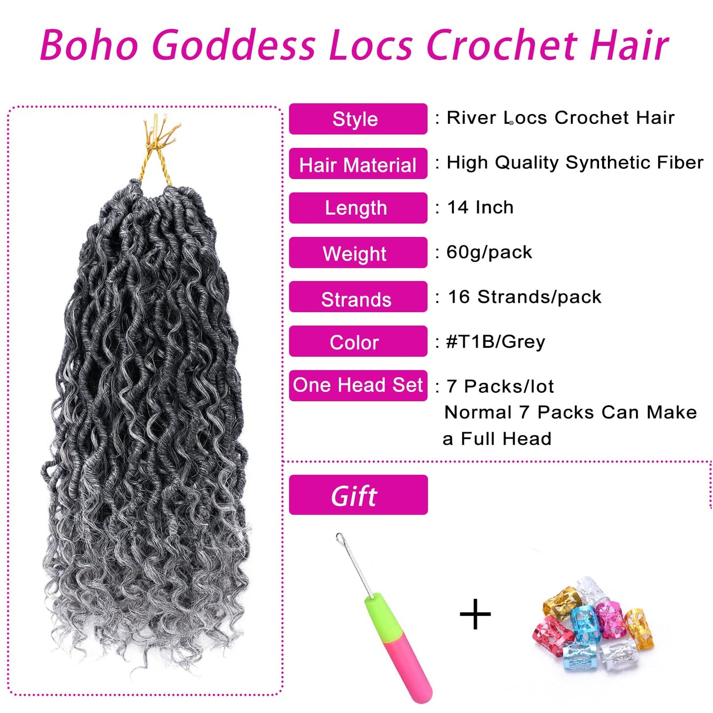 Goddess Locs Crochet Hair 14 Inch 7 Packs Ombre Grey Boho Faux Locs Crochet Hair for Black Women Pre Looped Crochet Locs with Curly Ends (1B/Gray)