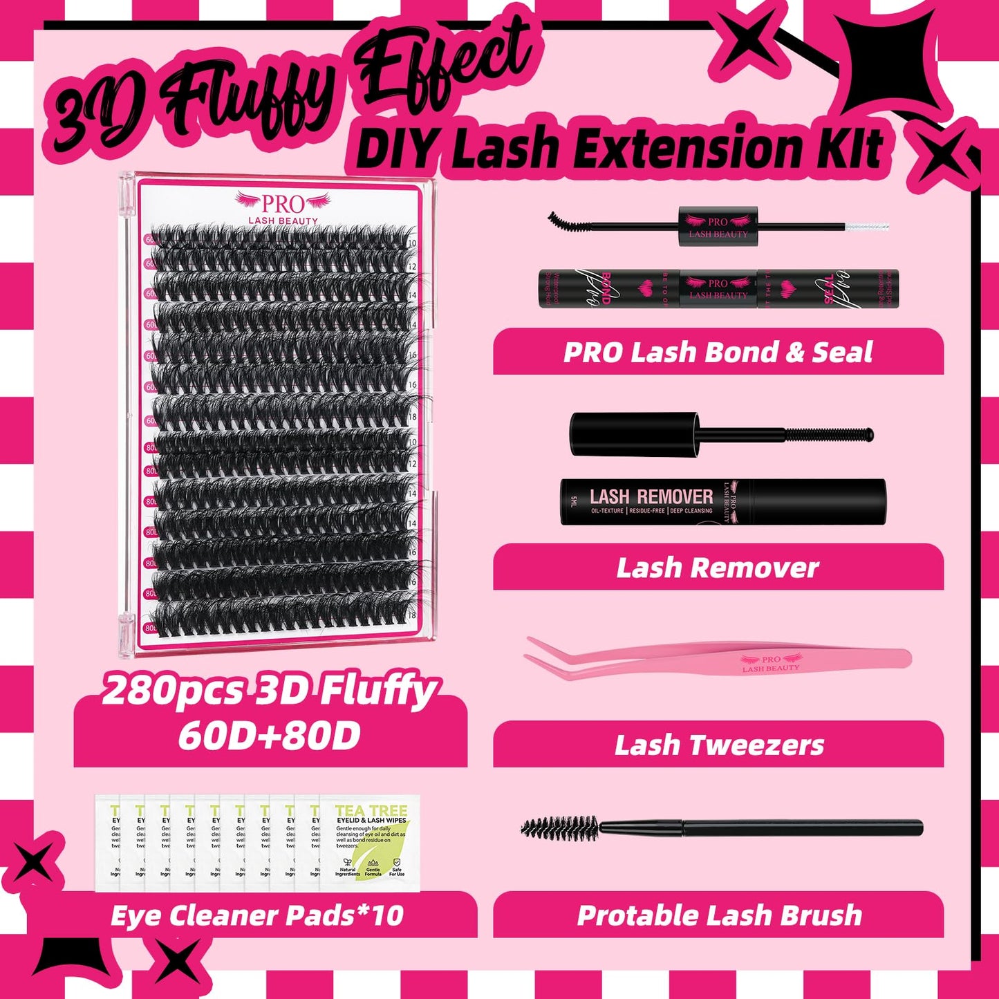 Lash Extension Kit Lash Clusters Kit 3D Soft Individual Lashes with Lash Bond and Seal Lash Tweezers Eyelash Remover DIY Eyelash Extension(60D+80D,D-10-18mix Kit)